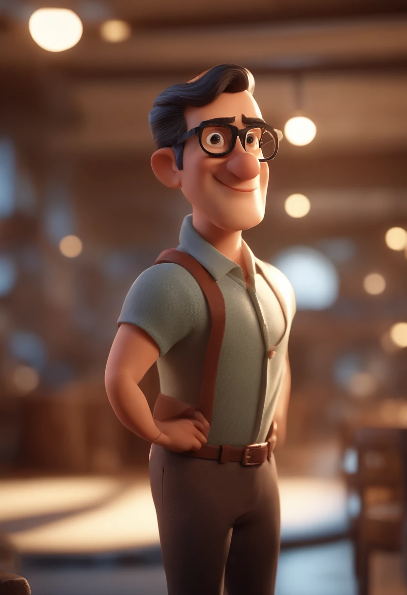 Cartoon character of a man with black glasses and a blue shirt, animation character, Caractere estilizado, animation style rendering, 3D estilizado, Arnold Maya render, 3 d render stylized, toon render keyshot, Personagem 3D, Personagem 3D, 3d rendering stylized, 3 d character render, personagem de desenho animado, Personagem de close up, Pose de personagem,  (Estilo Pixar) (master part:1.2) (Bokeh) (best quality) (pele detalhada) (textura detalhada) (8k) (argila) (Cinematic lighting) (foco nítido