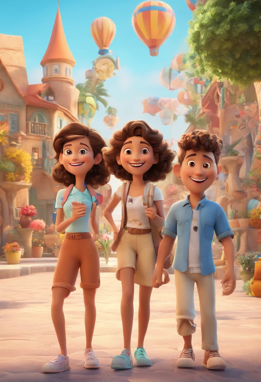 Cartoon of friends having fun on vacation together, 3D Animation Movie Poster, Poster de filme animado, pixar 3 d animation style, pixar renderman rendering, maia 8 mil, animated film, Disney Pixar Estilo 3D, amigos felizes saem juntos, all wearing light blue shirts and cream brown long pants, camisa azul clara, cream brown pants, ao ar livre, vacation, Disney Pixar Animation Poster