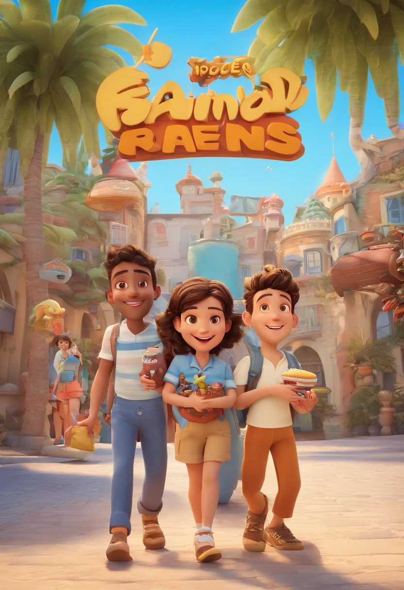 Cartoon of friends having fun on vacation together,  3D Animation Movie Poster, Poster de filme animado, pixar 3 d animation style, pixar renderman rendering, maia 8 mil, animated film, Disney Pixar Estilo 3D, amigos felizes saem juntos, all wearing light blue shirts and cream brown long pants, camisa azul clara, cream brown pants, ao ar livre, vacation, Disney Pixar Animation Poster