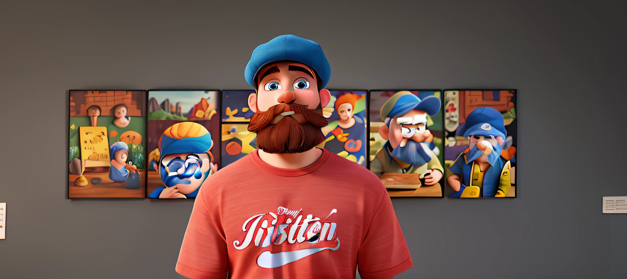 Disney Pixar style in high quality, super detailed, a boy in a cap, blue eyes, red beard, large and stylish mustache, ear plugs, watching an art exhibition, in front of several paintings,