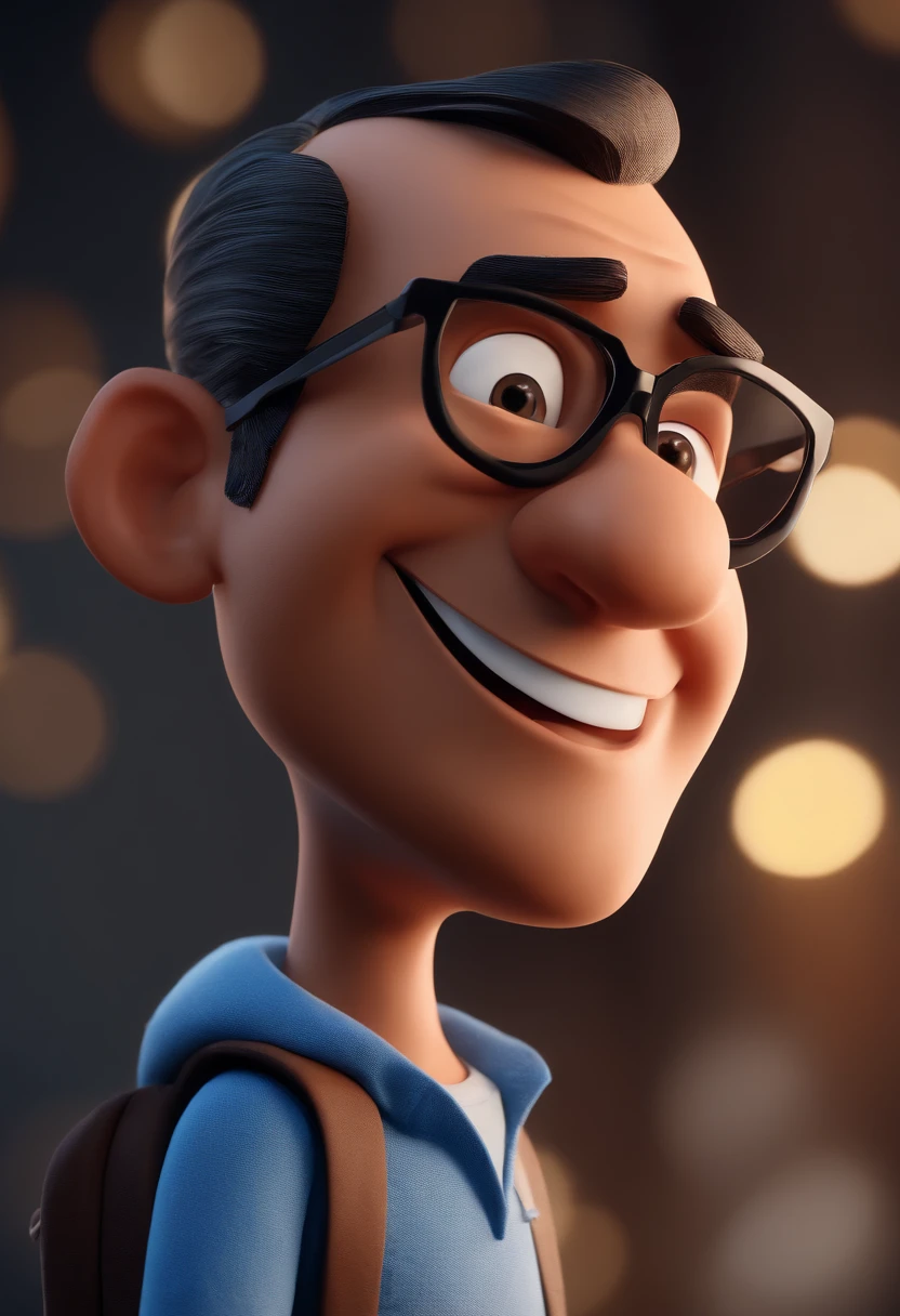 Cartoon character of a man with black glasses and a blue shirt, animation character, Caractere estilizado, animation style rendering, 3D estilizado, Arnold Maya render, 3 d render stylized, toon render keyshot, Personagem 3D, Personagem 3D, 3d rendering stylized, 3 d character render, personagem de desenho animado, Personagem de close up, Pose de personagem,  (Estilo Pixar) (master part:1.2) (Bokeh) (best quality) (pele detalhada) (textura detalhada) (8k) (argila) (Cinematic lighting) (foco nítido