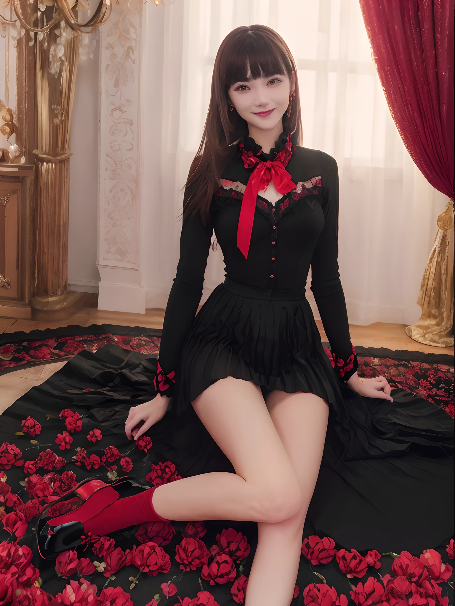 masterpiece, best quality, intricately detailed, a woman, beautiful, elegant, smile, iridescent long hair, bangs, bow, hair bow, skirt, shirt, long sleeves, frills, shoes, bowtie, (red and black:1.4), flower,, detailed eyes