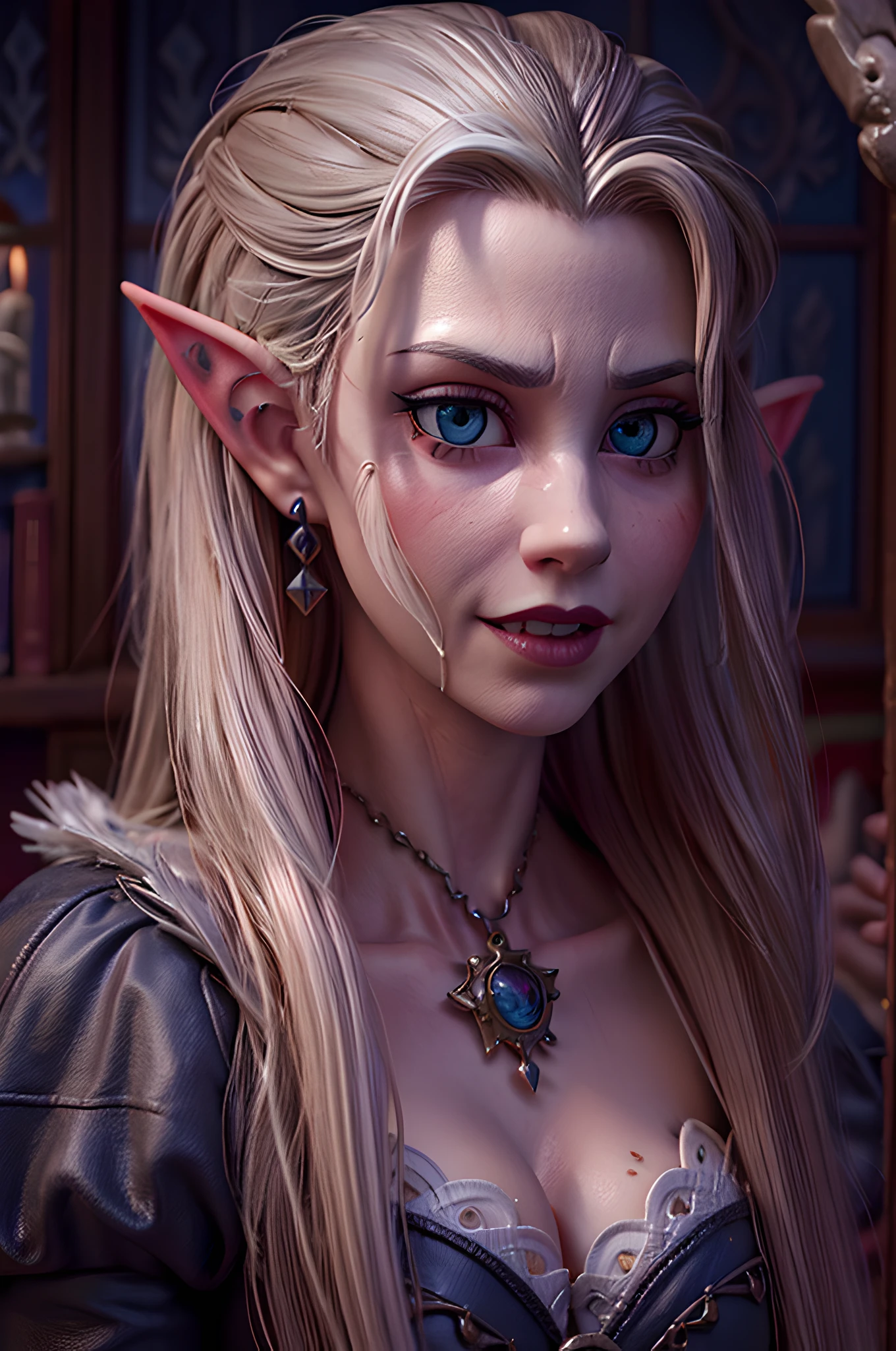 Moaning 20-year-old blonde elf girl with long wavy hair and blue eyes riding orc genitals in office. Orc with erect genitalia. delicate detail. ultra details. An atmosphere of excitement and lust. Leakage from the genitals.