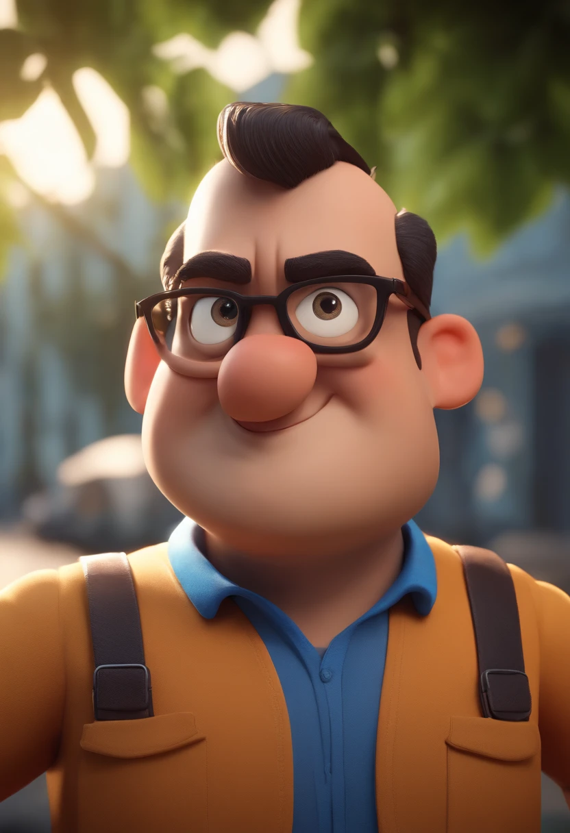 Cartoon character of a man wearing black glasses and a blue shirt, um personagem animado, Caractere estilizado, animation style rendering, 3D estilizado, Arnold Maya render, 3 d render stylized, toon render keyshot, Personagem 3D, Personagem 3D, 3d rendering stylized, 3 d character render, personagem de desenho animado, Personagem de close up, Pose de personagem, (Estilo Pixar) (master part:1.2) (Bokeh) (best quality) (pele detalhada) (textura detalhada) (8k) (argila) (Cinematic lighting) (foco nítido,Senta e vaza a parte superior do corpo
