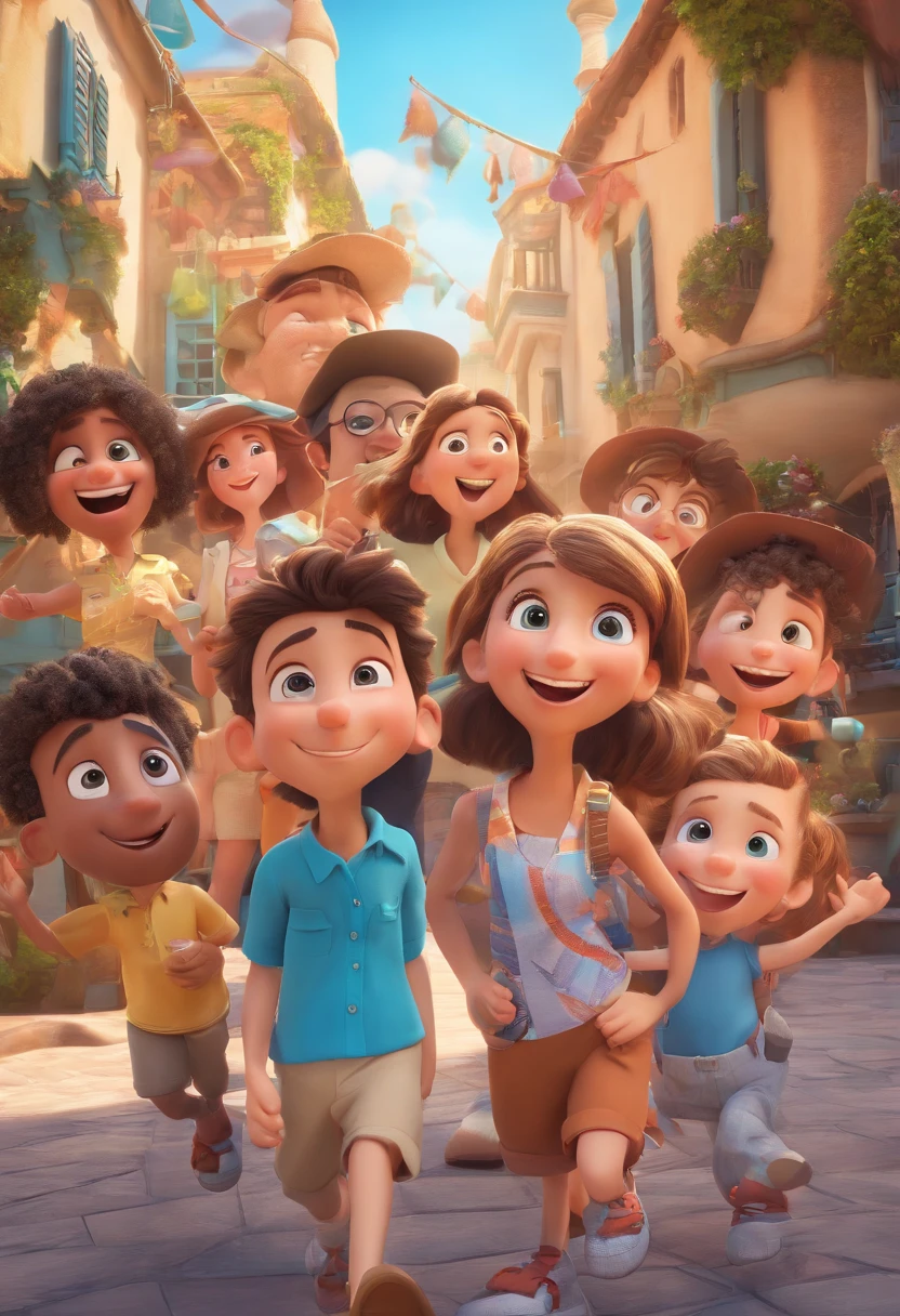 Cartoon of friends having fun on vacation together,  3D Animation Movie Poster, Poster de filme animado, pixar 3 d animation style, pixar renderman rendering, maia 8 mil, animated film, Disney Pixar Estilo 3D, amigos felizes saem juntos, all wearing light blue shirts and cream brown long pants, camisa azul clara, cream brown pants, ao ar livre, vacation, Disney Pixar Animation Poster