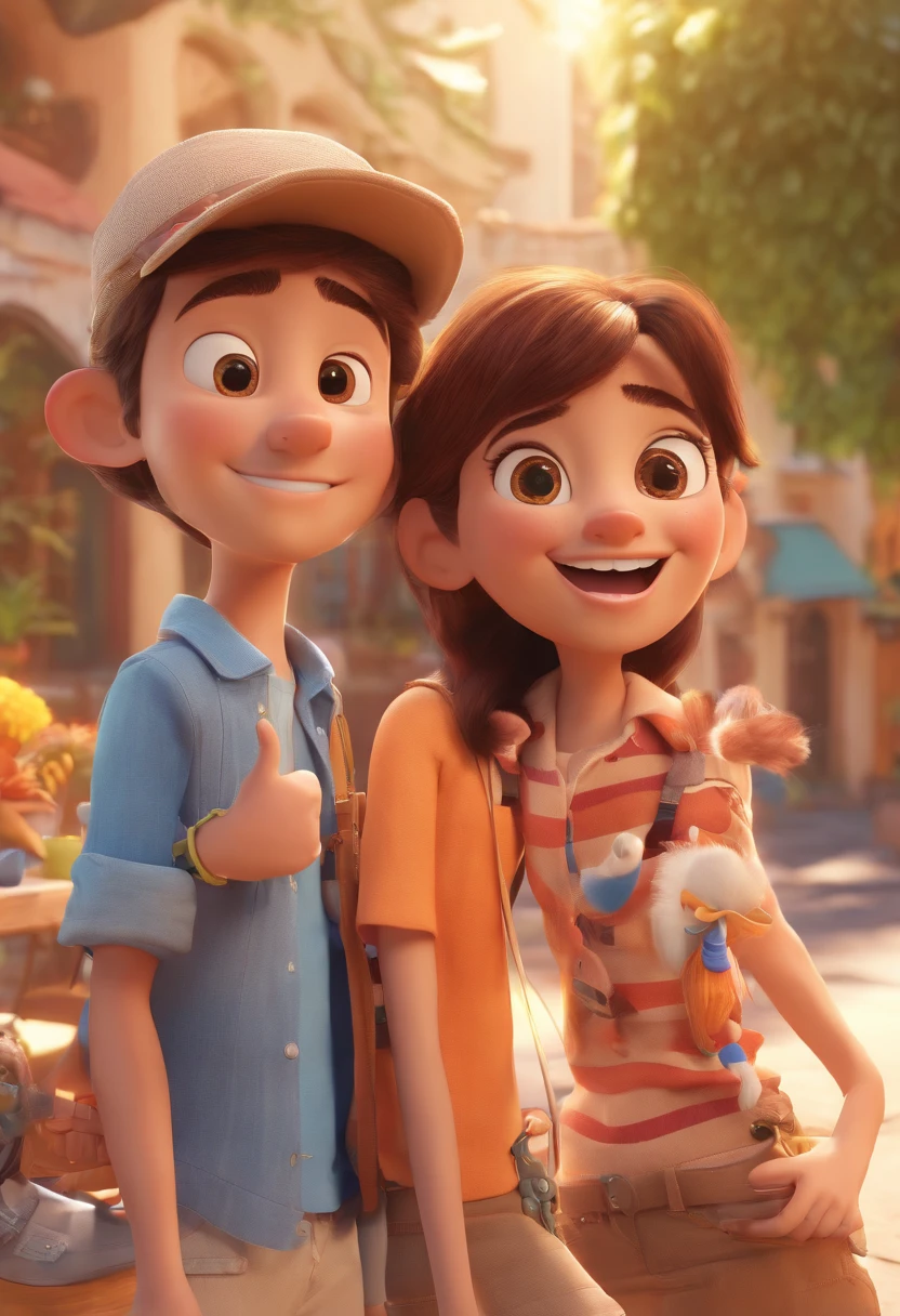 Cartoon of friends having fun on vacation together, 3D Animation Movie Poster, Poster de filme animado, pixar 3 d animation style, pixar renderman rendering, maia 8 mil, animated film, Disney Pixar Estilo 3D, amigos felizes saem juntos, all wearing light blue shirts and cream brown long pants, camisa azul clara, cream brown pants, ao ar livre, vacation, Disney Pixar Animation Poster