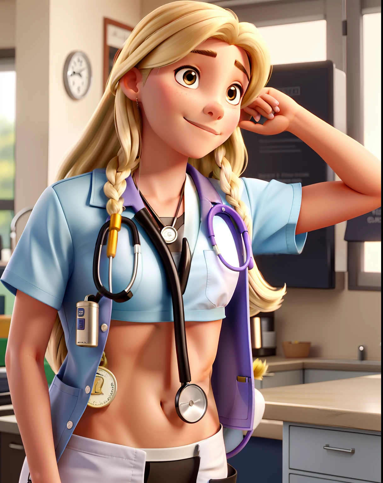 Veterinary pull style with blonde highlights on a long hair, Using scrubs and a stethoscope, com um pinscher preto