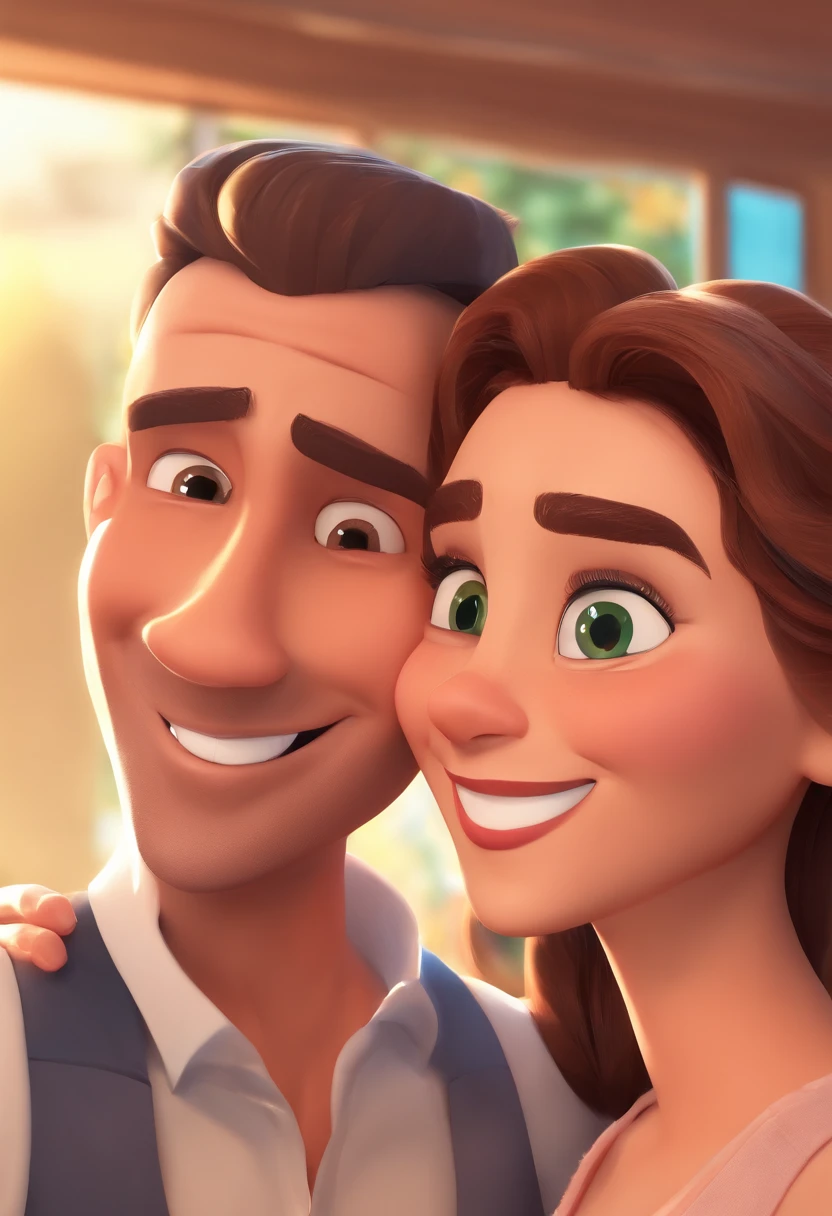 An illustration of an adorable couple, Spotlight on a muscular man and a woman with beautiful expressive green eyes - the man's skin is brown, o cabelo preto e cacheado, os olhos pretos, while the woman's skin is white, os cabelos sao loiros e longos. They are a bright room, cada um com um sorriso no rosto, e compartilhar um momento especial caracterizado pelo amor, Insights. Illustrate this scene from a perspective where they are facing the camera, Smiling and Showing Your Connection. Desenvolva esta arte em Full HD, Focus on your cinematic touch, Estilo Disney Pixar Animations