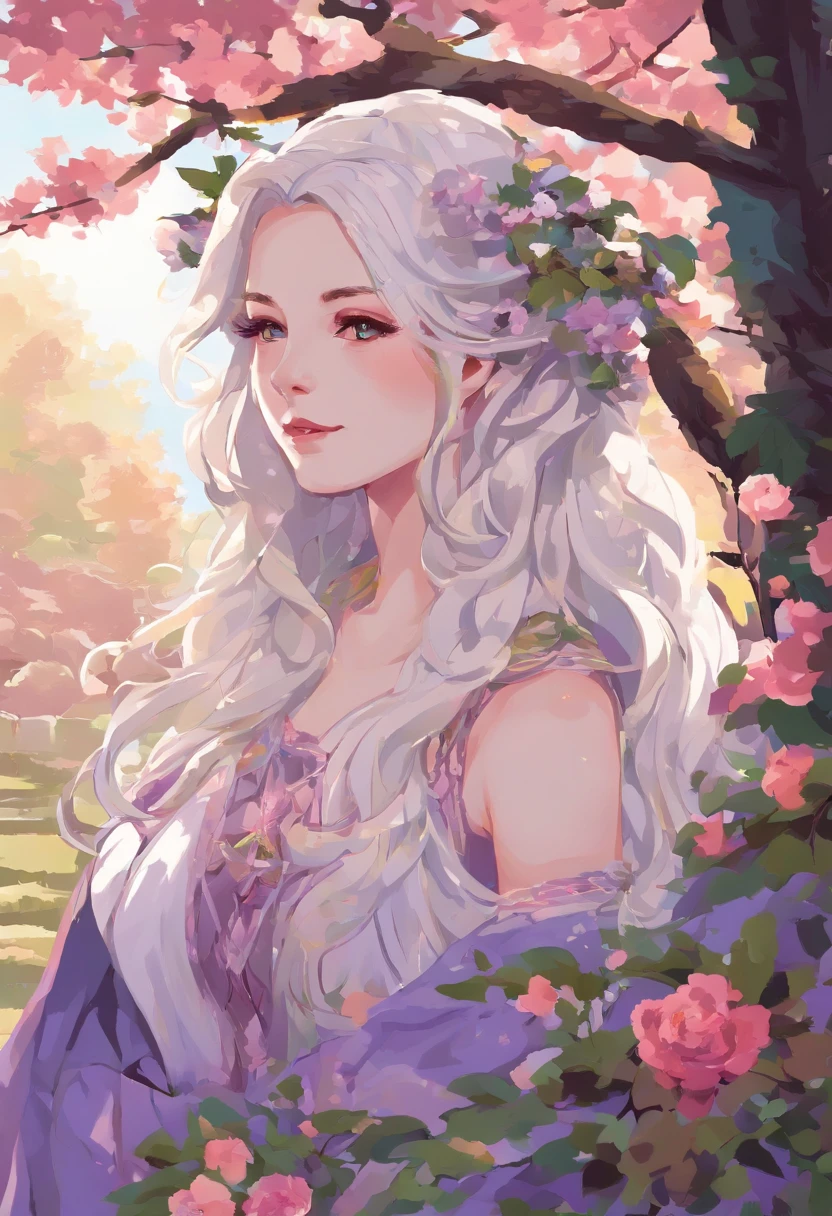 beautiful girl with flowing white hair,purple eyes with a hint of mystery, wearing an elegant purple robe that drapes gracefully around her slender figure. She has a charming smile on her rosy lips as she stands confidently in the midst of a lush garden. Her eyes sparkle with intelligence and her long eyelashes flutter delicately. The garden is filled with vibrant flowers of various colors, adding a burst of colors to the scene. The girl's delicate features are beautifully accentuated by the soft sunlight that filters through the leaves, casting a warm glow on her flawless skin. The atmosphere is filled with a sense of tranquility and magic, transporting you to a world reminiscent of medieval times. The girl emanates an aura of elegance and grace beyond her , exuding a captivating charm that captures the hearts of those who lay eyes on her. The high-quality, ultra-detailed artwork brings out every intricate detail of her stunning beauty, from the strands of her hair to the folds of her robe. The composition and lighting of the scene create a dreamlike ambiance, enhancing the overall enchantment of the artwork. This masterpiece is a fusion of classical portraiture and fantasy elements, showcasing the artist's mastery in capturing the essence of beauty. The colors in the artwork are rich and vivid, with a predominant palette of purple hues that adds a touch of magic and mystique. The gentle play of light and shadow highlights the contours of the girl's face and brings depth to the surrounding scenery. The combination of the girl's ethereal beauty, the magical garden, and the skillful artistry creates a mesmerizing artwork that invites viewers to immerse themselves in a world of wonder and enchantment, 8 Bit