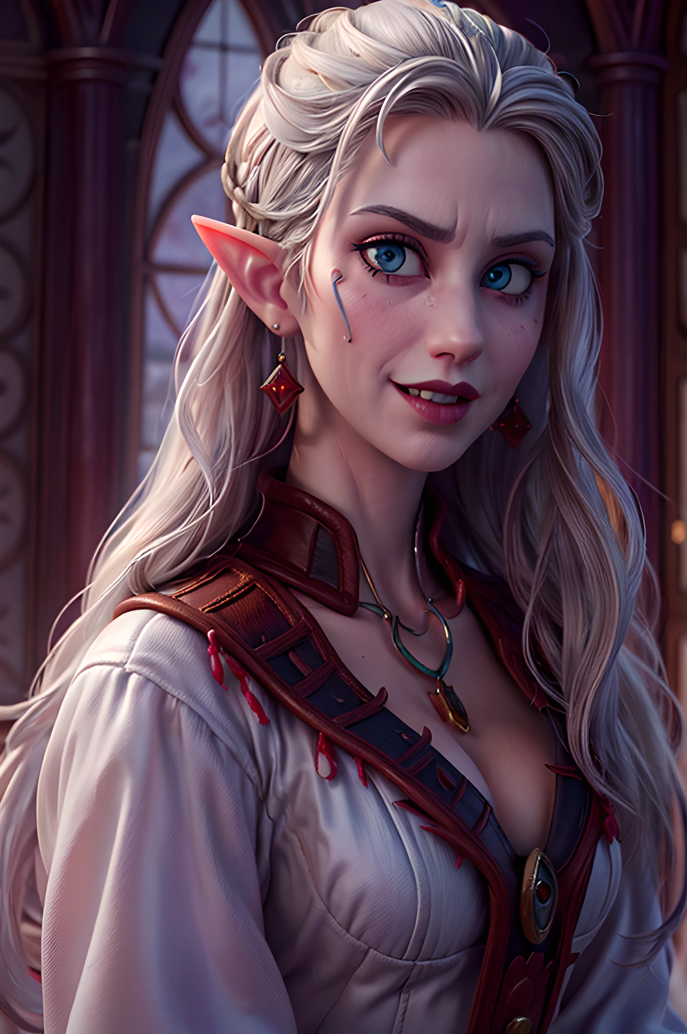 a portrait of (Pixar art: 1.5) a picture of vampire elf in her castle, an exquisite beautiful female vampire elf in her library, full body (ultra detailed, Masterpiece, best quality), ultra detailed face (ultra detailed, Masterpiece, best quality), grey skin, blond hair, hair in a ponytail, long hair, blue eyes, cold eyes, glowing eyes, intense eyes, small pointed ears, smirking, smile with [drops of blood on face] (ultra detailed, Masterpiece, best quality), dark red lips, [vampire fangs], wearing white dress (ultra detailed, Masterpiece, best quality), dark blue cloak, high heeled boots in dark fantasy library, book shelves, high details, best quality, 8k, [ultra detailed], masterpiece, best quality, (ultra detailed), full body, ultra wide shot, photorealism, luis royo style, dark fantasy art, moon light coming through the window, moon rays, gothic art, sense of dread, sense of seduction, pixarstyle