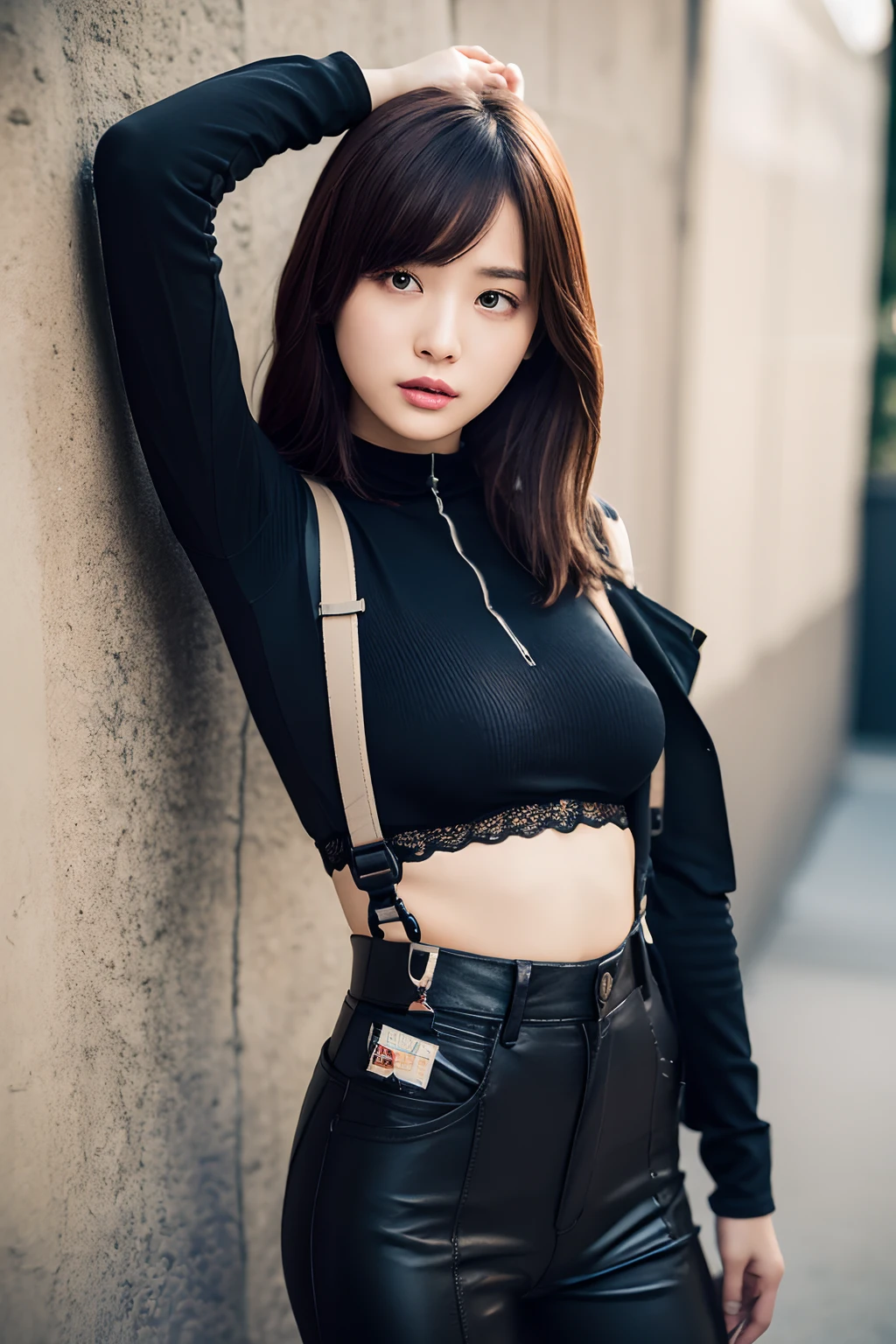 masterpiece、flat-colors、depth of fields、lens flare 1 girl、、Brown hair、watching at viewers suspenders large full breasts Armpit sweat perspiring Side of both hands walls: Black pants, Black jacket holster arm Reholster arma Gaze Small face Bangs Suspenders