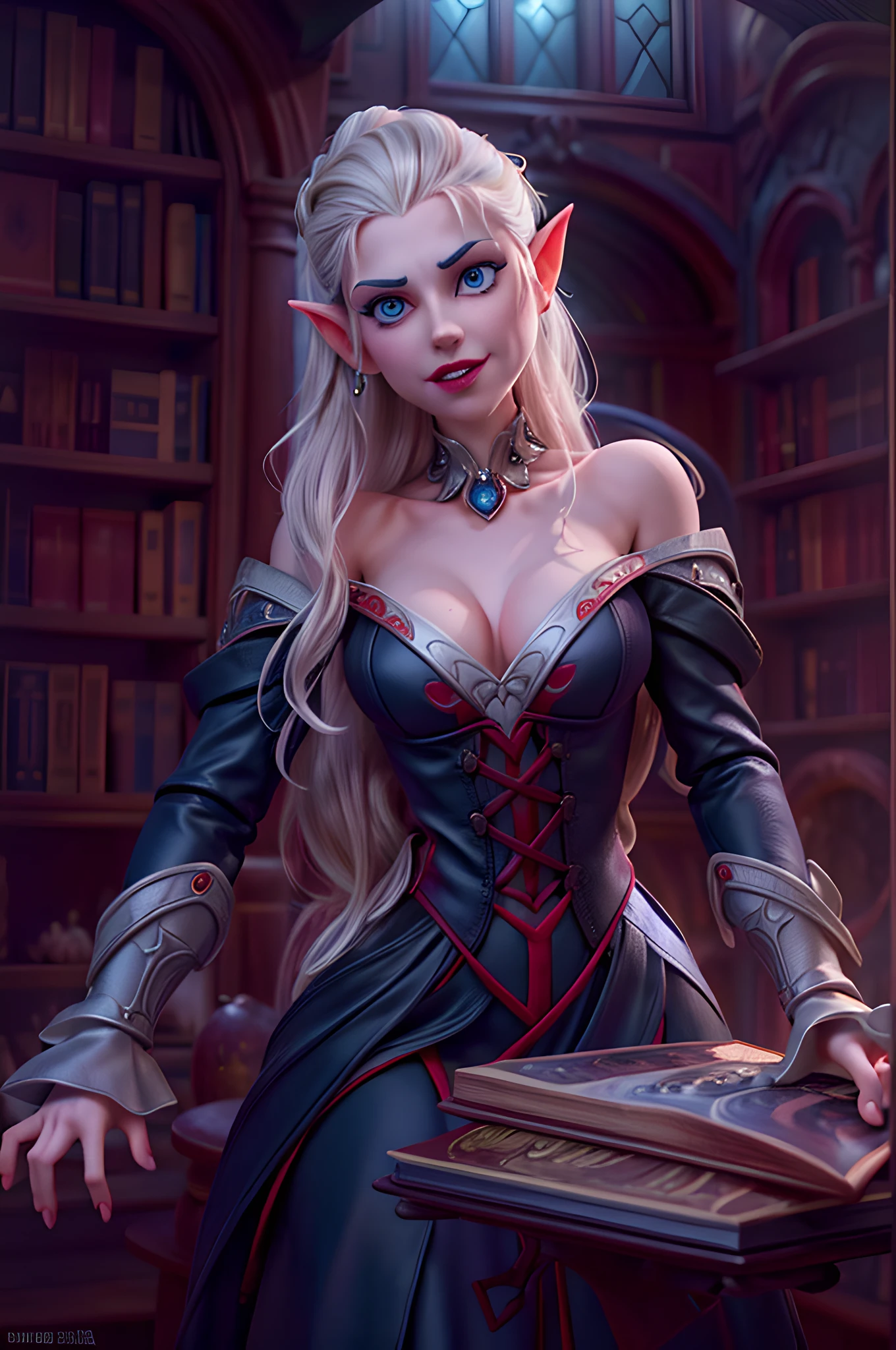 a portrait of (Pixar art: 1.5) a picture of vampire elf in her castle, an exquisite beautiful female vampire elf in her library, full body (ultra detailed, Masterpiece, best quality), ultra detailed face (ultra detailed, Masterpiece, best quality), grey skin, blond hair, hair in a ponytail, long hair, blue eyes, cold eyes, glowing eyes, intense eyes, small pointed ears, smirking, smile with [drops of blood on face] (ultra detailed, Masterpiece, best quality), dark red lips, [vampire fangs], wearing white dress (ultra detailed, Masterpiece, best quality), dark blue cloak, high heeled boots in dark fantasy library, book shelves, high details, best quality, 8k, [ultra detailed], masterpiece, best quality, (ultra detailed), full body, ultra wide shot, photorealism, luis royo style, dark fantasy art, moon light coming through the window, moon rays, gothic art, sense of dread, sense of seduction, pixarstyle