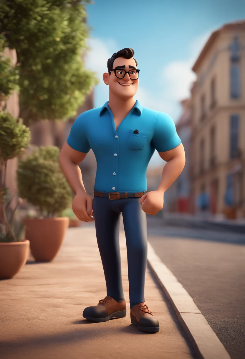 Cartoon character of a man with black glasses and a blue shirt, animation character, Caractere estilizado, animation style rendering, 3D estilizado, Arnold Maya render, 3 d render stylized, toon render keyshot, Personagem 3D, Personagem 3D, 3d rendering stylized, 3 d character render, personagem de desenho animado, Personagem de close up, Pose de personagem,  (Estilo Pixar) (master part:1.2) (Bokeh) (best quality) (pele detalhada) (textura detalhada) (8k) (argila) (Cinematic lighting) (foco nítido. Vestido a camisa do Flamengo