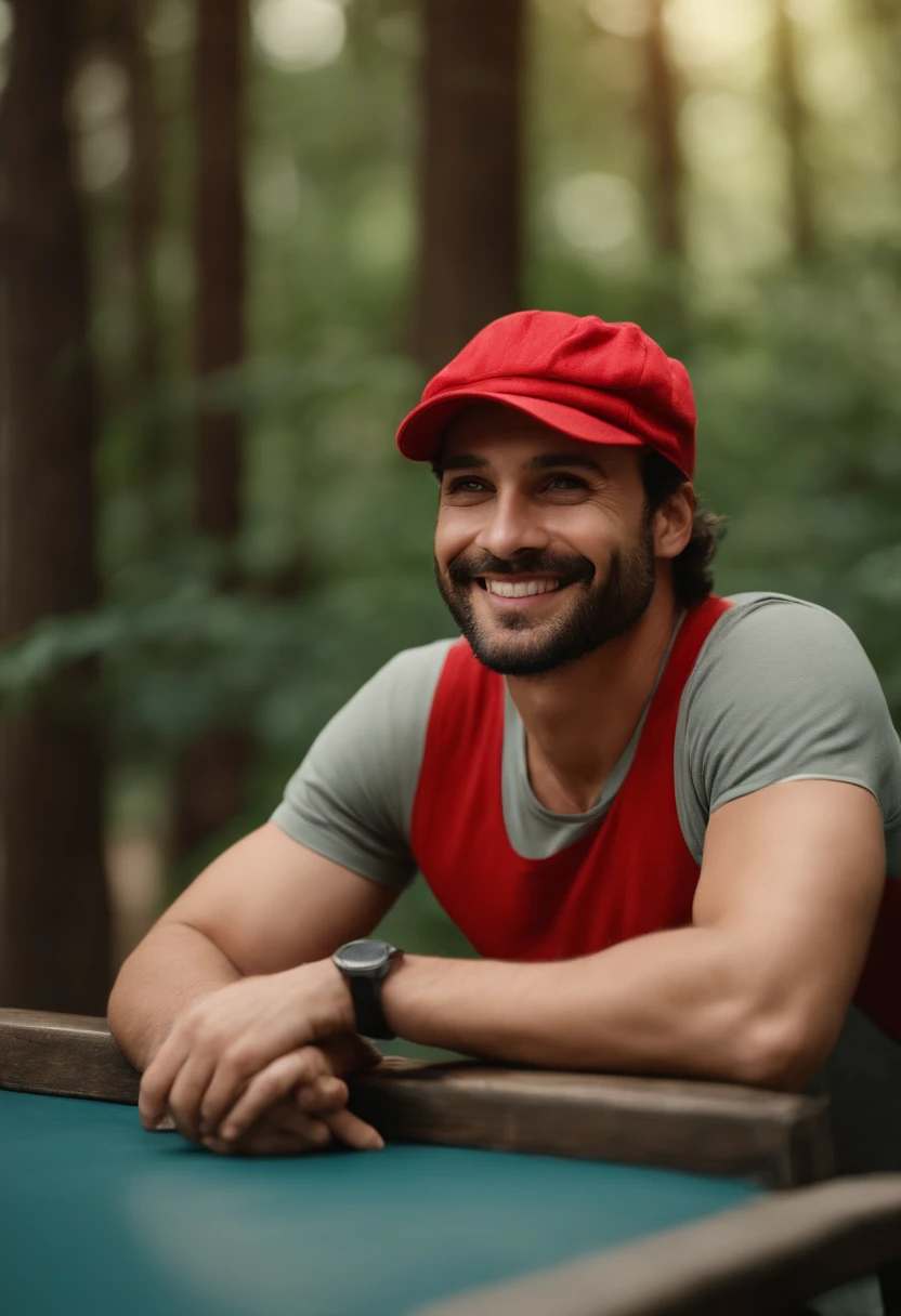 A man in a red cap with a stubble and sitting at a table in a square with his hands crossed on top of the table in a well-wooded square and smiling
