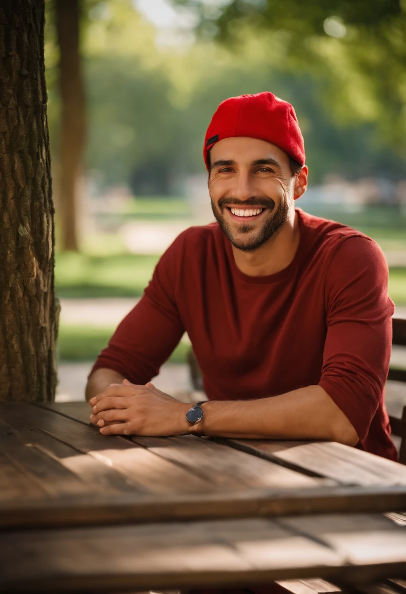 A man in a red cap with a stubble and sitting at a table in a square with his hands crossed on top of the table in a well-wooded square and smiling