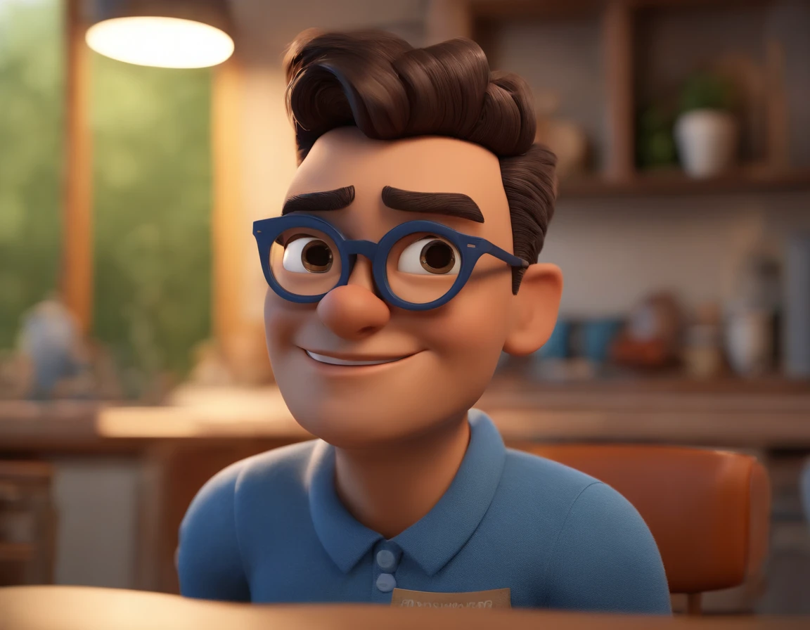 Cartoon character of a man wearing black glasses and a blue shirt, um personagem animado, Caractere estilizado, animation style rendering, 3D estilizado, Arnold Maya render, 3 d render stylized, toon render keyshot, Personagem 3D, Personagem 3D, 3d rendering stylized, 3 d character render, personagem de desenho animado, Personagem de close up, Pose de personagem, (Estilo Pixar) (master part:1.2) (Bokeh) (best quality) (pele detalhada) (textura detalhada) (8k) (argila) (Cinematic lighting) (foco nítido，Senta e vaza a parte superior do corpo