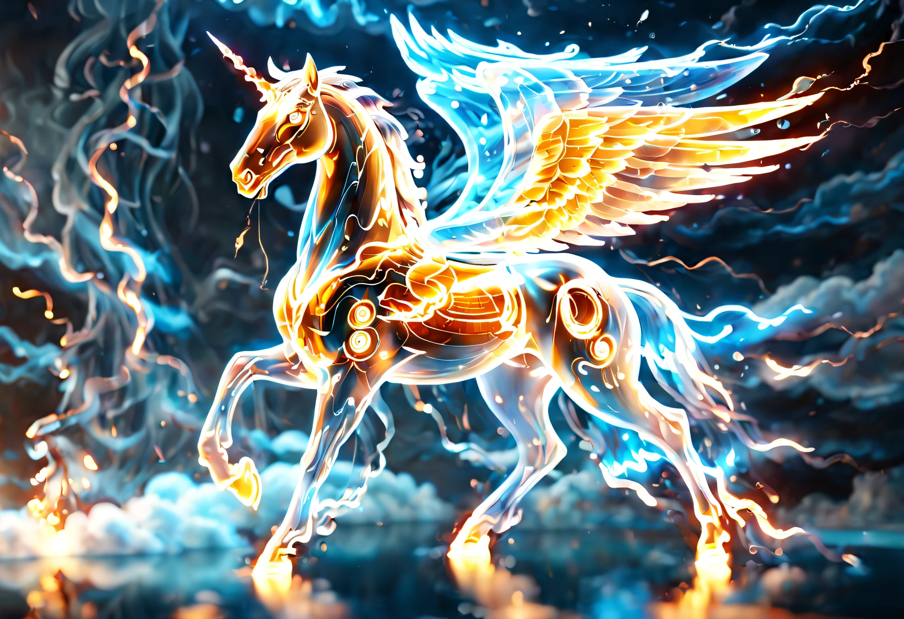 (Masterpiece, High quality, Best quality, offcial art, Beauty and aesthetics:1.2),(theelementoffire:1.1),Composed of fire elements,Burning,extreme detailed details,Ultra photo realsisim, Web fantasy and psychedelic art style, (Digital logic male Pegasus),Pegasus, Guardians of cyberspace,(Ultra-detailed  body),see-through body，Filled with high-tech mechanical components, Wings cut through the sea of digital clouds, robot,Composed of the element of thunder，Thunder，Electricity
