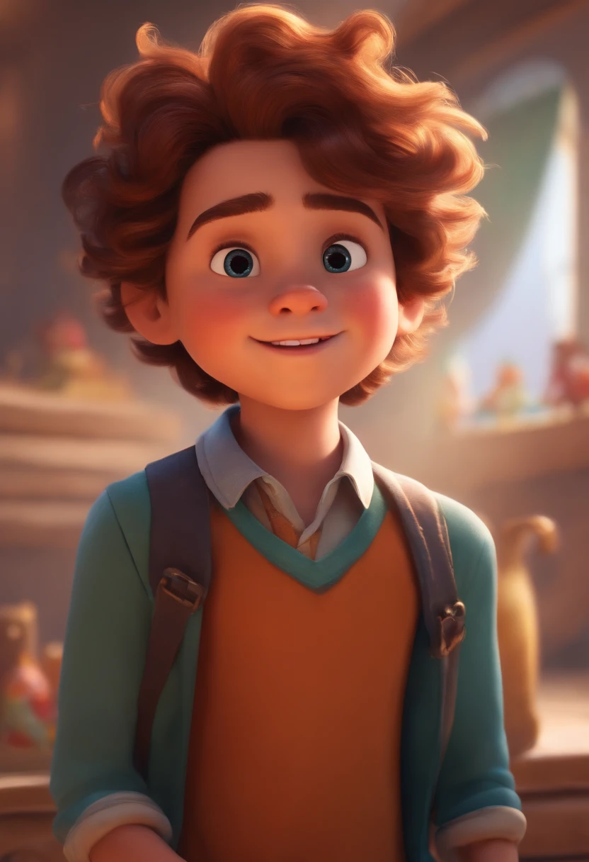 Image of a boy for a story in a YouTube video in Pixar format, He's the little allabester, He's the class leader, He's outgoing, Playful and gets up for a lot of things, cabelo curto