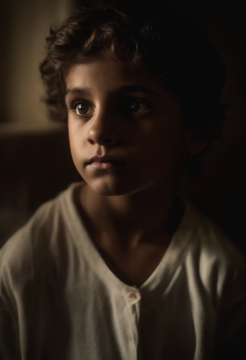 (((best quality))), High detail, profundidade de campo, lareira: 1.2,  de 10 anos, Olhos cansados do uso de telas, Olhos grandes, pijama, Hair is neglected and matted, The skin is fair, Dark room with a long hallway behind, The detailed face and eyes are sad and frightened, He's been fiddling with his phone for days ((master part)), (foto realista:1.5), Shadows Dramatic, retrato, Average distance