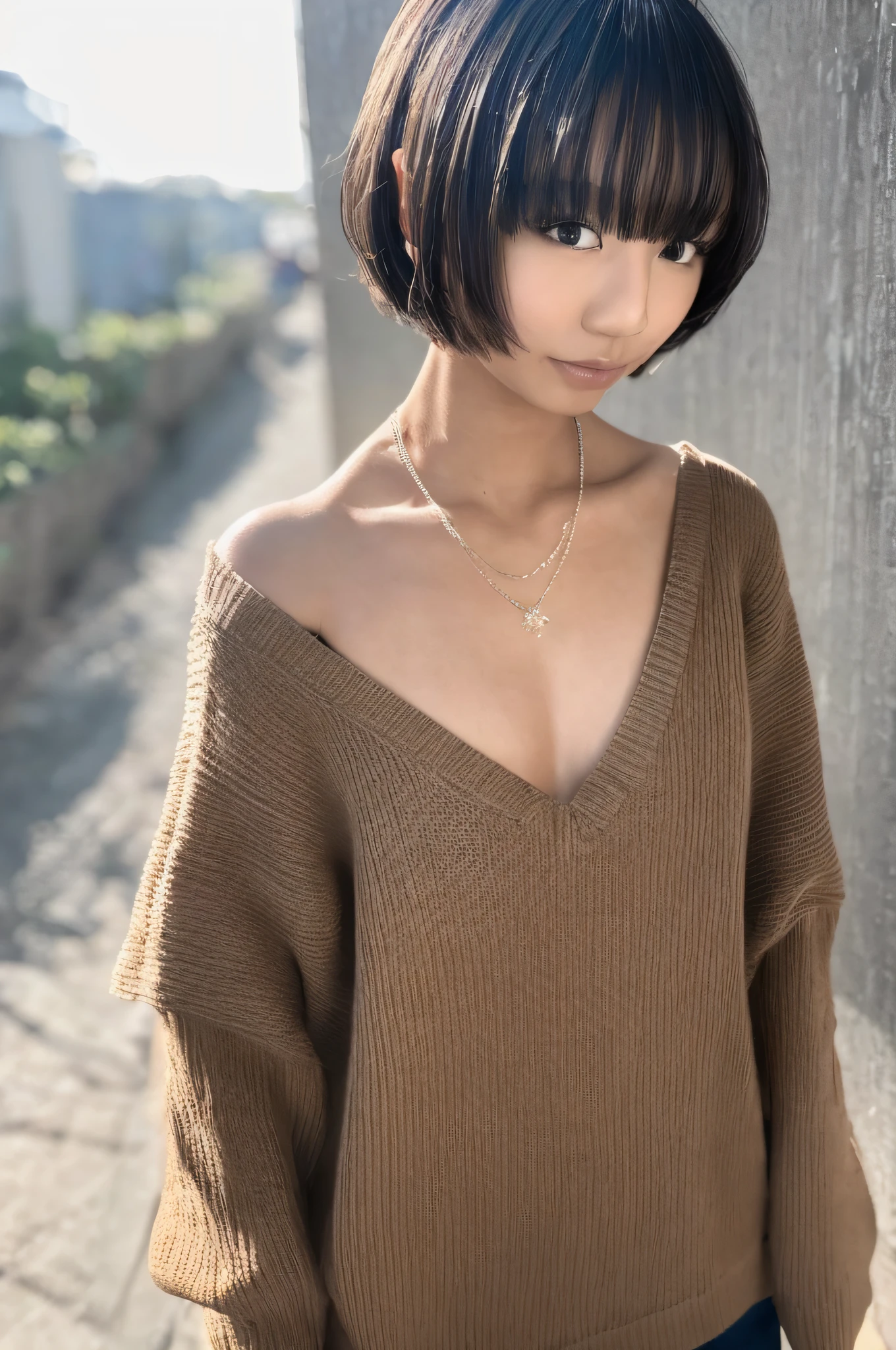 (Best quality, 8k, 32k, Masterpiece, UHD:1.2),Photo of Pretty Japanese woman, small breasts, very short bob hair,upper body,face focus,oversized_sweater, necklace, simple background, from above, looking at viewer,