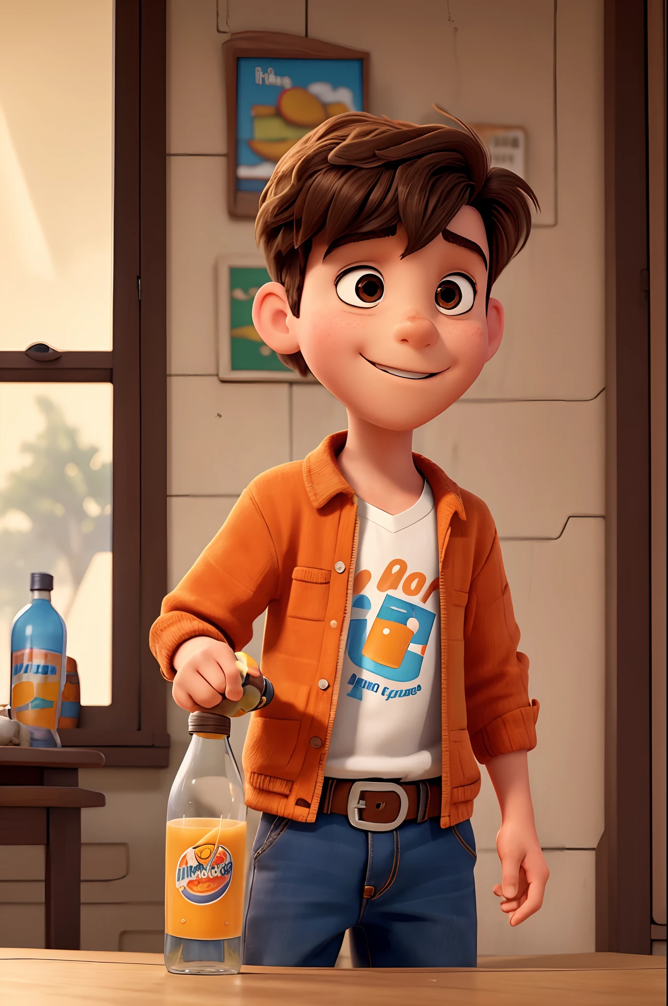 A young boy showing a bottle of orange juice in his hand, disney pixar style, high quality, best quality