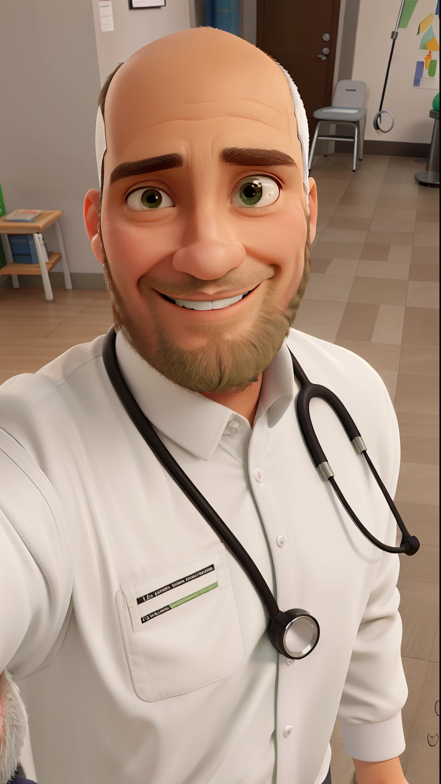 16k, HDR, RTX, ray tracing, natural lighting, absurdos, Melhor obra-prima de Qaulity, Anatomia perfeita face altamente detalhada, Olhos detalhados, 1 white skin-colored boy, sozinho, Wearing a closed white doctor's lab coat, with stethoscope on the neck,  careca, com barba curta de cor marrom escuro , bonito, extrema beleza, sorrindo, alegre, Aura do bem, olhos brilhantes cor verdes, happy expressions, in a physiotherapy clinic