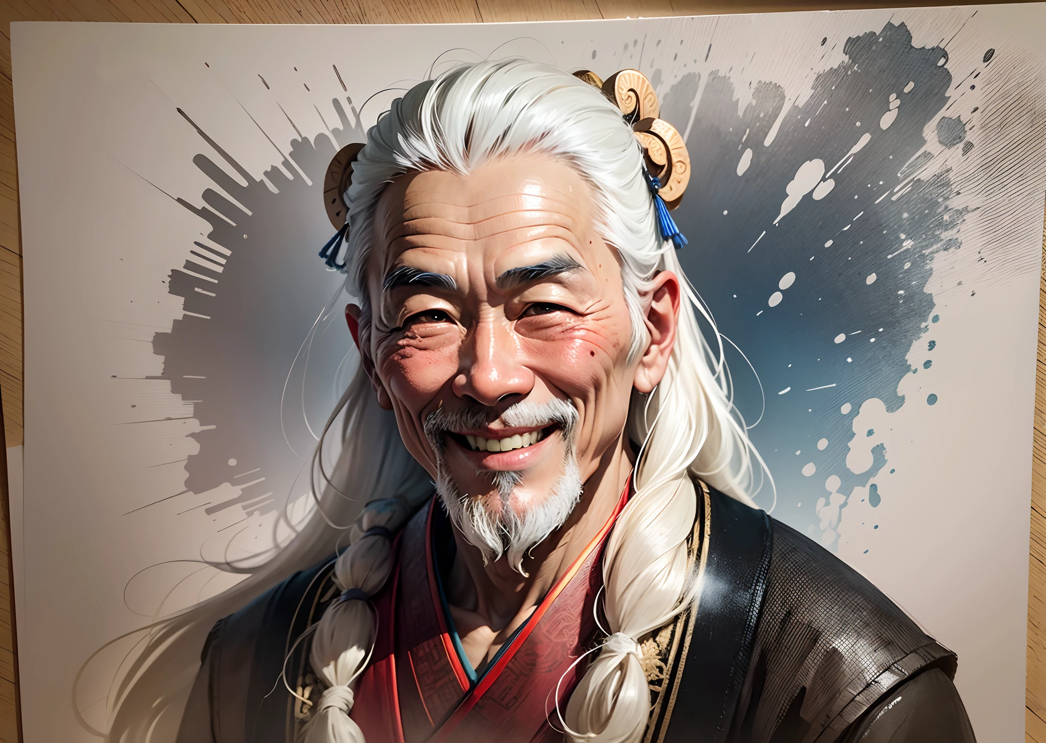 draw by ink and pen painting of an ancient traditional chinese man smiling with white background --auto --s2