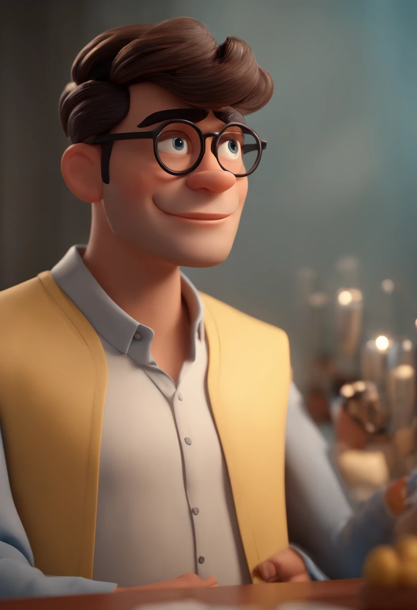 Cartoon character of a man wearing black glasses and a blue shirt, um personagem animado, Caractere estilizado, animation style rendering, 3D estilizado, Arnold Maya render, 3 d render stylized, toon render keyshot, Personagem 3D, Personagem 3D, 3d rendering stylized, 3 d character render, personagem de desenho animado, Personagem de close up, Pose de personagem, (Estilo Pixar) (master part:1.2) (Bokeh) (best quality) (pele detalhada) (textura detalhada) (8k) (argila) (Cinematic lighting) (foco nítido，Senta e vaza a parte superior do corpo