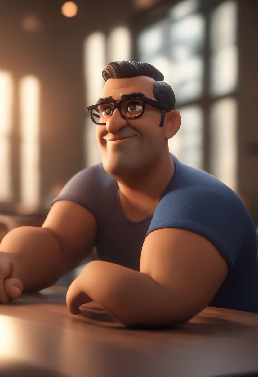Cartoon character of a man wearing black glasses and a blue shirt, um personagem animado, Caractere estilizado, animation style rendering, 3D estilizado, Arnold Maya render, 3 d render stylized, toon render keyshot, Personagem 3D, Personagem 3D, 3d rendering stylized, 3 d character render, personagem de desenho animado, Personagem de close up, Pose de personagem, (Estilo Pixar) (master part:1.2) (Bokeh) (best quality) (pele detalhada) (textura detalhada) (8k) (argila) (Cinematic lighting) (foco nítido，Senta e vaza a parte superior do corpo