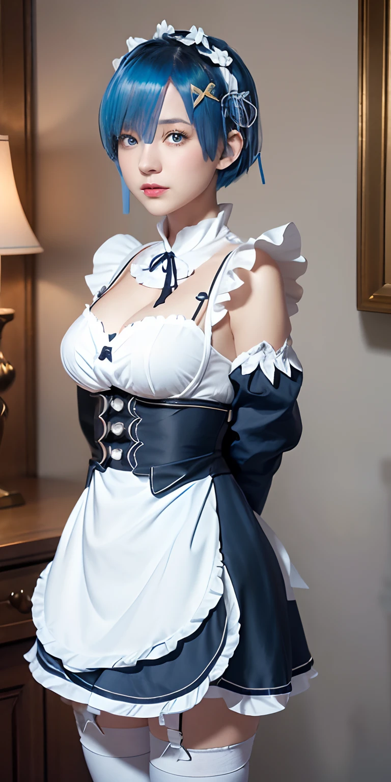 masterpiece, top quality, super detail, illustration, magnificent lighting, cinematic composition, colorful, sharp: 1.3, one girl, rem_ (re:zero\), medium breasts, blue hair, short hair, (hair above one eye: 1.3), eyes_visible_through_hair, blue eyes, roswaal_mansion_maid_uniform, apron, White Thigh Socks, Garter Strap, Standing, Upper Body, (Ultra Detail CG:1.2), (8k:1.1)