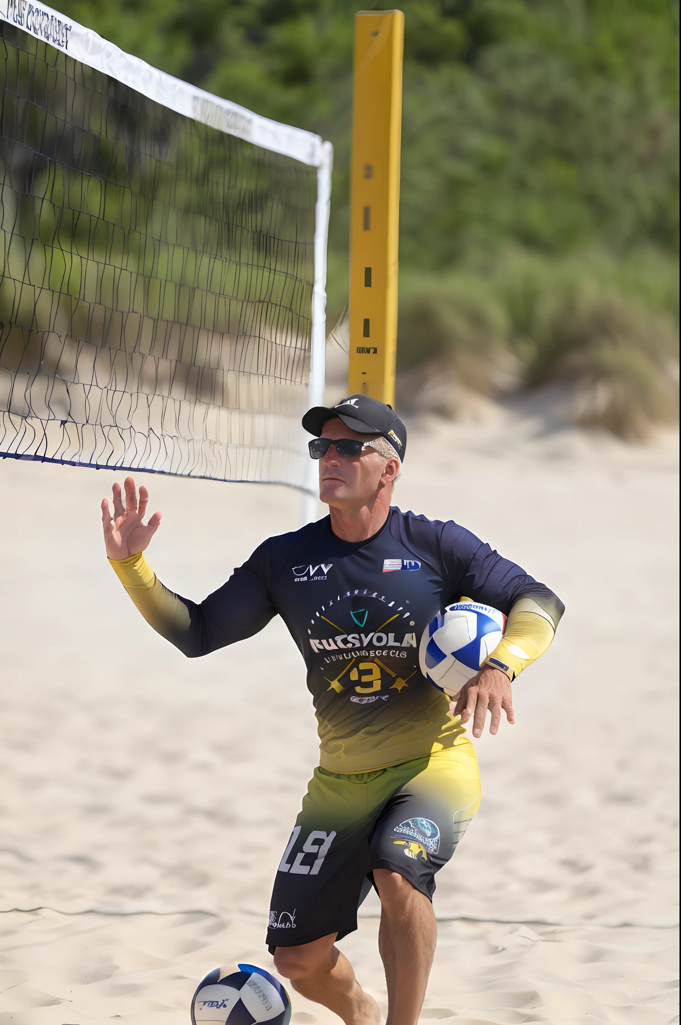 There's a man playing volleyball on the beach with a ball, Karch Kiraly, Greg Rutkovski, Greg Rutwoski, Sascha Schneider, wearing a volleyball jersey, Vitaly Bulgarov, AVP, Kacper Niepokolczycki, Malika Favre, foto ainda, Frank Frazzeta