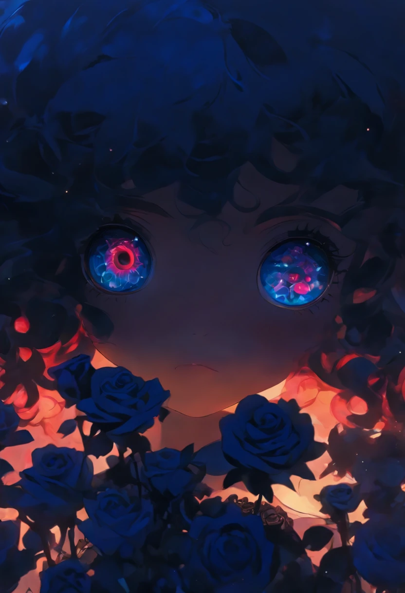A doll like girl with child like proportions and a lifeless yet dazzling eye the other eye is covered with a flower shaped eye patch. She wears a black dress adorned with navy blue roses. She looks up at you curiously