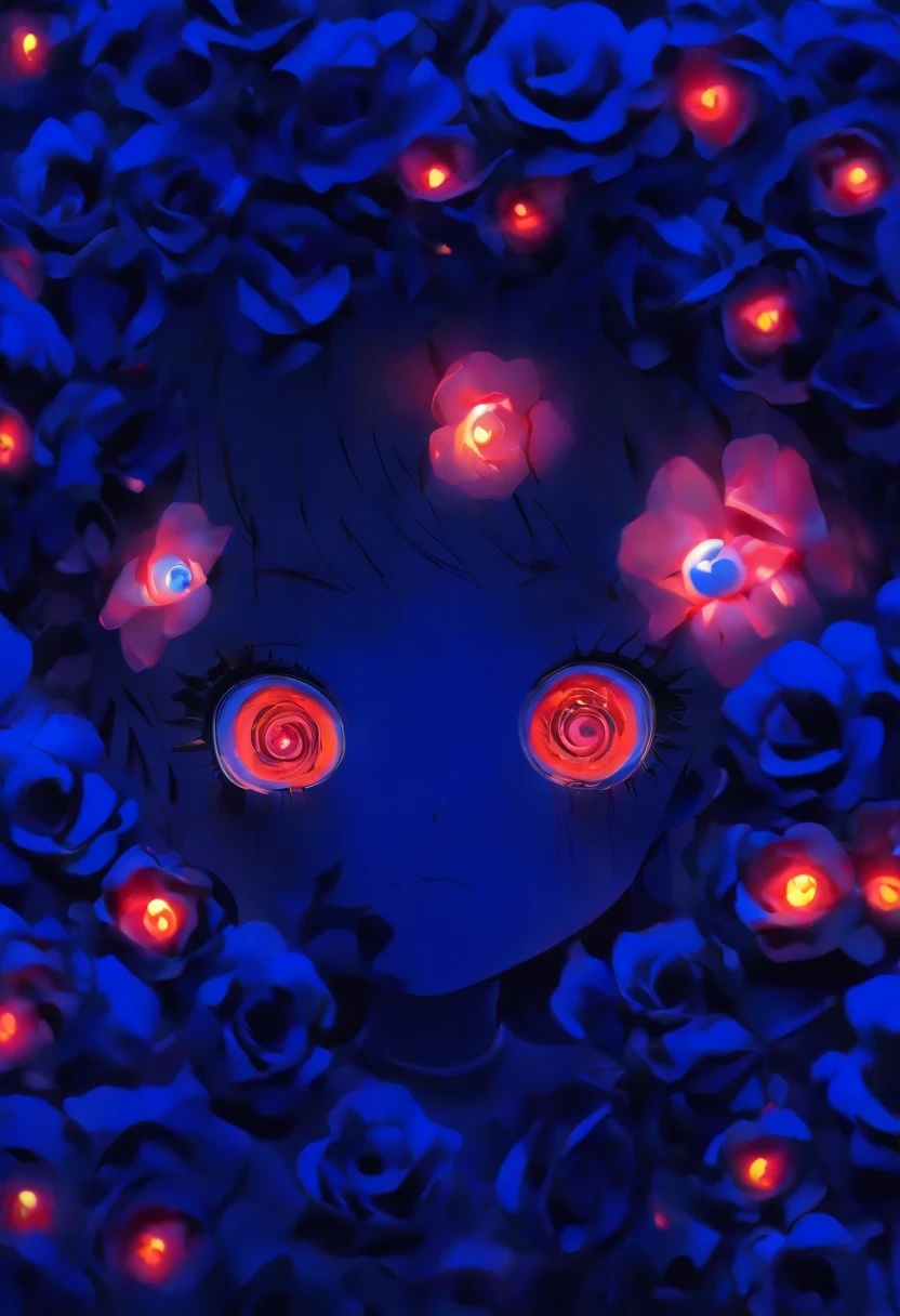 A doll like girl with child like proportions and a lifeless yet dazzling eye the other eye is covered with a flower shaped eye patch. She wears a black dress adorned with navy blue roses. She looks up at you curiously