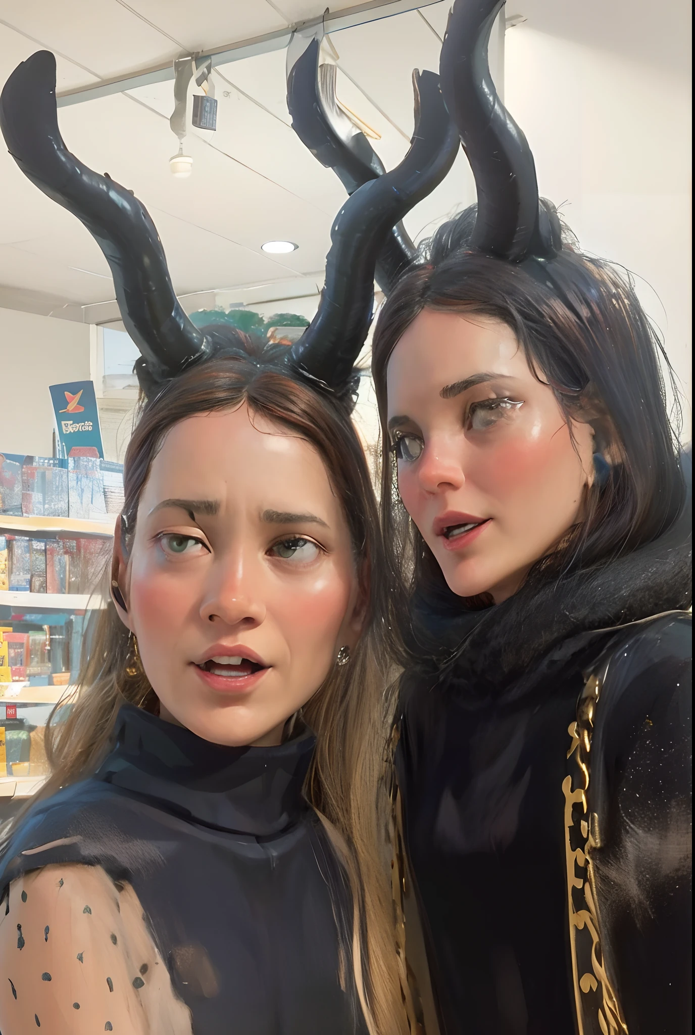 Dos mujeres disfrazadas posando para una foto en una tienda, con cuernos, usando una corona hecha de astas, lindos cuernos, cuernos negros, con cuernos negros en lugar de orejas, dos grandes cuernos en la cabeza, Cuernos de Loki, Two small horns on the head, Two small horns on the head, Dos cuernos en la cabeza, cuernos de demonio, Imagen de perfil, cuernos en la cabeza