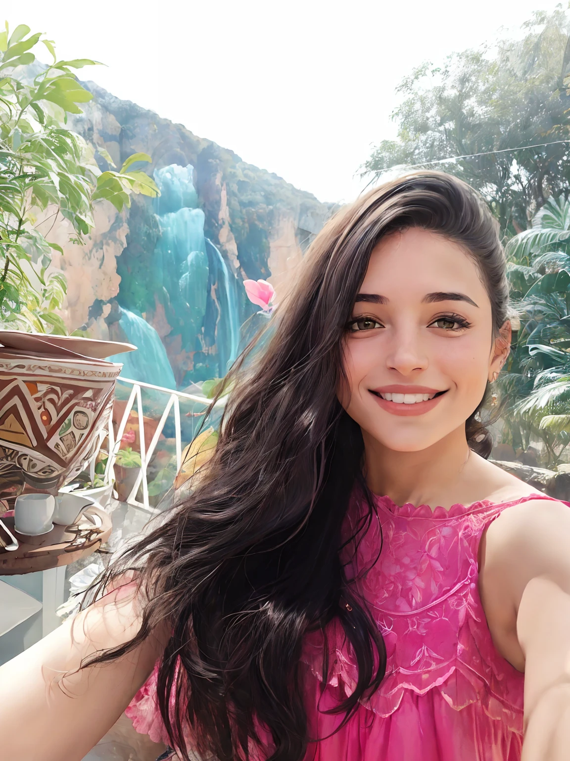 mulher sorridente em vestido rosa sentado em frente a uma parede com um vaso de planta, selfie de uma jovem mulher, by Gina Pellón, Alanis Guillen, Mulher mexicana bonita, Mulher de 30 anos, 3 0 anos de idade mulher, com uma figura ao fundo, by Amelia Peláez, Fotografia selfie 8k, Ayahausca