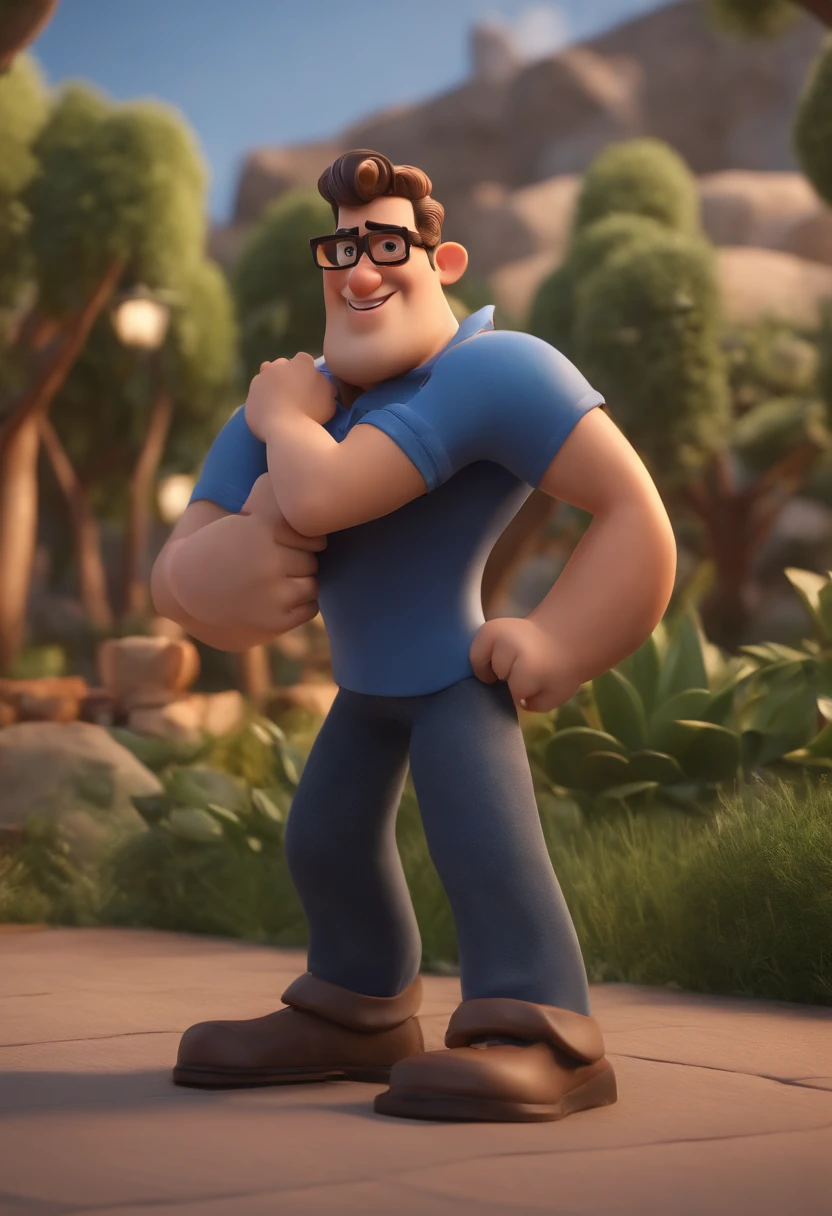 Cartoon character of a man wearing black glasses and a blue shirt, um personagem animado, Caractere estilizado, animation style rendering, 3D estilizado, Arnold Maya render, 3 d render stylized, toon render keyshot, Personagem 3D, Personagem 3D, 3d rendering stylized, 3 d character render, personagem de desenho animado, Personagem de close up, Pose de personagem, (Estilo Pixar) (master part:1.2) (Bokeh) (best quality) (pele detalhada) (textura detalhada) (8k) (argila) (Cinematic lighting) (foco nítido,Senta e vaza a parte superior do corpo