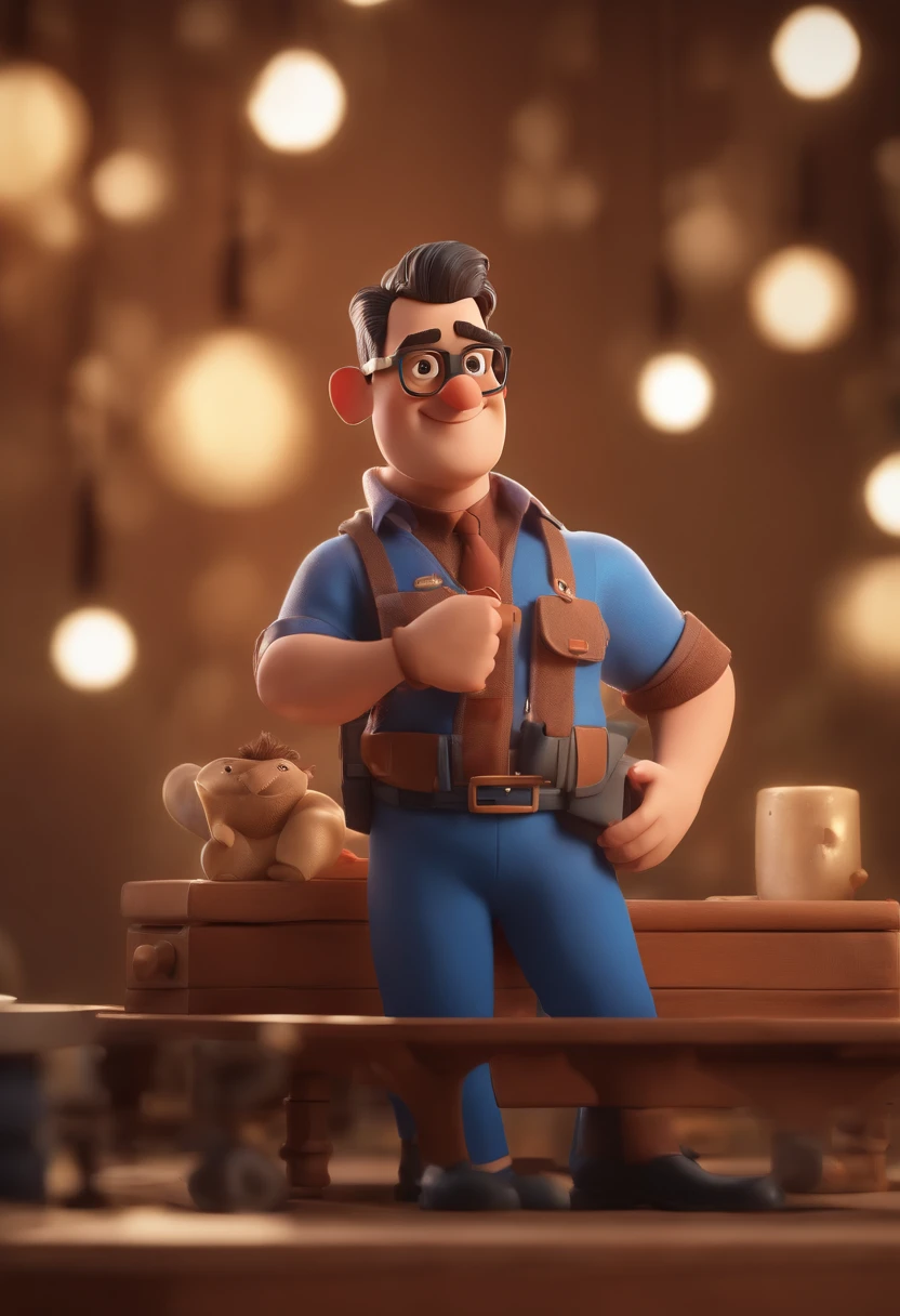 Cartoon character of a man wearing black glasses and a blue shirt, um personagem animado, Caractere estilizado, animation style rendering, 3D estilizado, Arnold Maya render, 3 d render stylized, toon render keyshot, Personagem 3D, Personagem 3D, 3d rendering stylized, 3 d character render, personagem de desenho animado, Personagem de close up, Pose de personagem, (Estilo Pixar) (master part:1.2) (Bokeh) (best quality) (pele detalhada) (textura detalhada) (8k) (argila) (Cinematic lighting) (foco nítido,Senta e vaza a parte superior do corpo