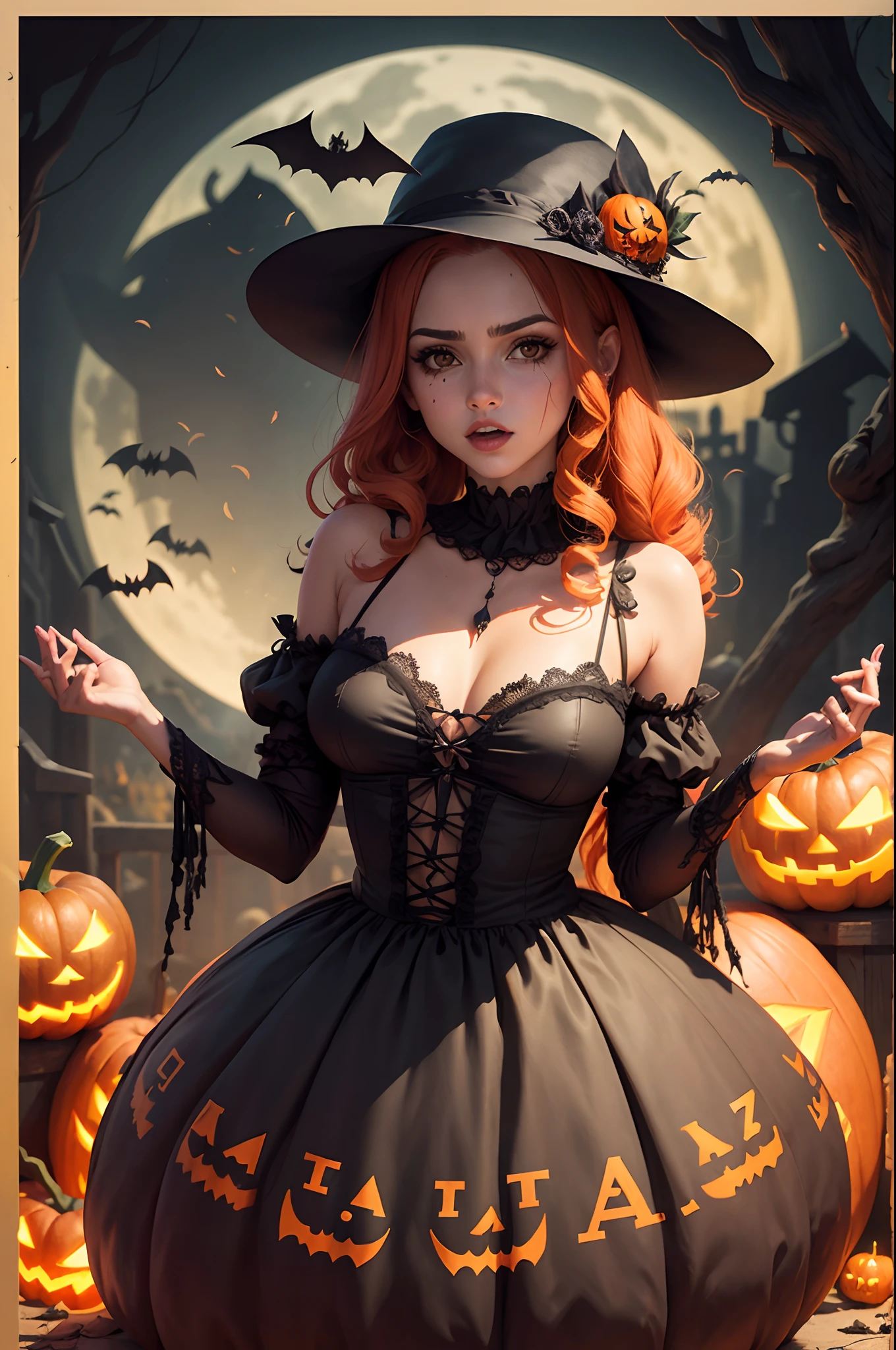 Cartel de Halloween, calabaza, Bats, ramas gigantes marchitas, Luna Roja, Trazado de rayos, Cofres apilados, castillo