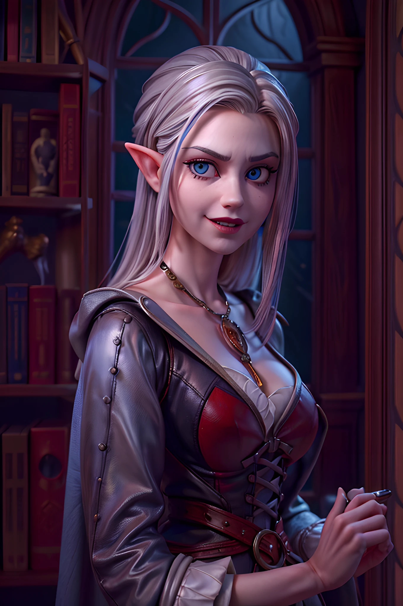 a portrait of (Pixar art: 1.5) a picture of vampire elf in her castle, an exquisite beautiful female vampire elf in her library, full body (ultra detailed, Masterpiece, best quality), ultra detailed face (ultra detailed, Masterpiece, best quality), grey skin, blond hair, hair in a ponytail, long hair, blue eyes, cold eyes, glowing eyes, intense eyes, small pointed ears, smirking, smile with [drops of blood on face] (ultra detailed, Masterpiece, best quality), dark red lips, [vampire fangs], wearing white dress (ultra detailed, Masterpiece, best quality), dark blue cloak, high heeled boots in dark fantasy library, book shelves, high details, best quality, 8k, [ultra detailed], masterpiece, best quality, (ultra detailed), full body, ultra wide shot, photorealism, luis royo style, dark fantasy art, moon light coming through the window, moon rays, gothic art, sense of dread, sense of seduction, pixarstyle