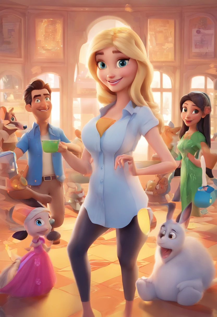 Desenho animado de colegas de trabalho felizes,  3D Animation Movie Poster, Poster de filme animado, pixar 3 d animation style, pixar renderman rendering, maia 8 mil, animation film, Disney Pixar Estilo 3D, 2 mulheres ruivas, 2 homens pardos com barba, 1 pregnant blue-eyed blonde woman, 1 mulher de cabelos castanhos curtos, 1 mulher branca de cabelo preto, 2 mulheres brancas de olhos verdes e cabelos pretos, 1 mulher parda de cabelos longos castanhos, all wearing white shirts and black long pants with the LA-BORA logo! gov, outdoors with the esplanade of the ministries of Brasilia in the background, Disney Pixar Animation Poster