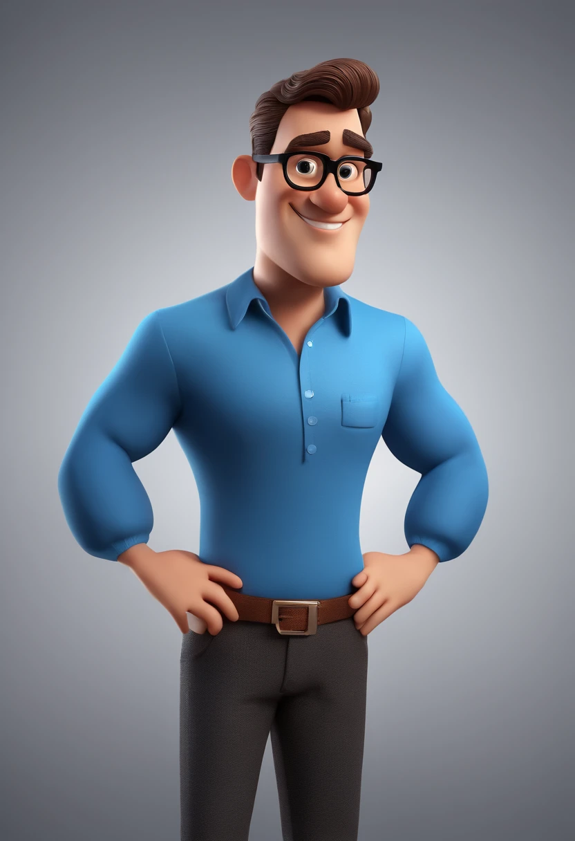 Cartoon character of a man with black glasses and a blue shirt, animation character, Caractere estilizado, animation style rendering, 3D estilizado, Arnold Maya render, 3 d render stylized, toon render keyshot, Personagem 3D, Personagem 3D, 3d rendering stylized, 3 d character render, personagem de desenho animado, Personagem de close up, Pose de personagem,  (Estilo Pixar) (master part:1.2) (Bokeh) (best quality) (pele detalhada) (textura detalhada) (8k) (argila) (Cinematic lighting) (foco nítido