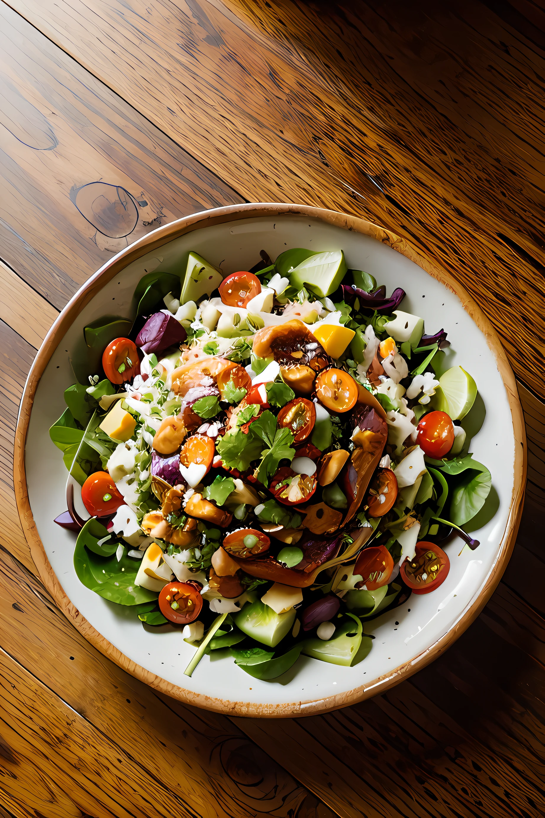 top view, photography of salad dish on wooden table, no chees, food photography, photorealistic, HD, epic photo, dynamic, cinematic, dark background, fine details, top view