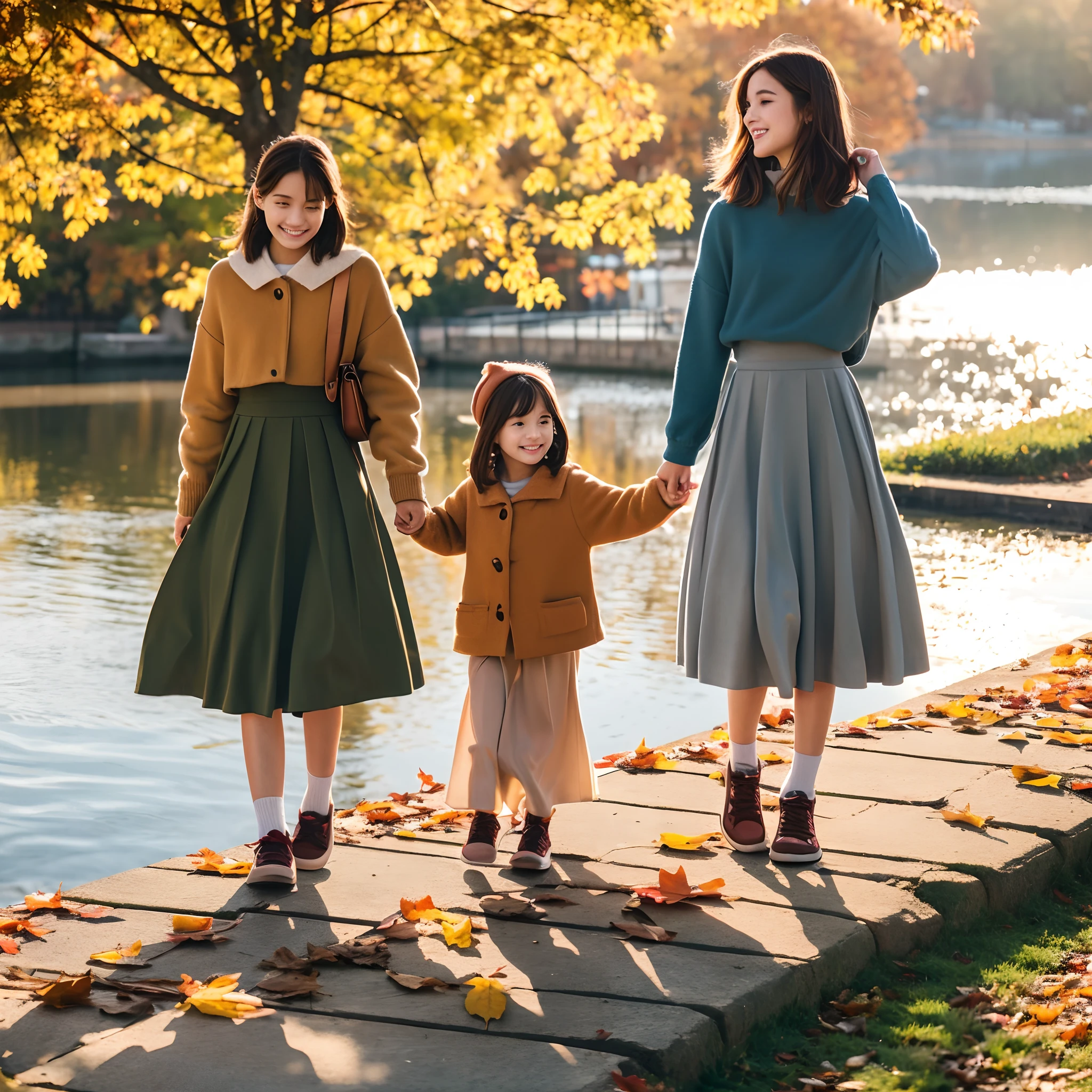 autumnal、Colored leaves、teens girl、Top image quality、8K、illustratio、bobhair、standing by the water、trainers、long skirt、cute little、I'm looking at this