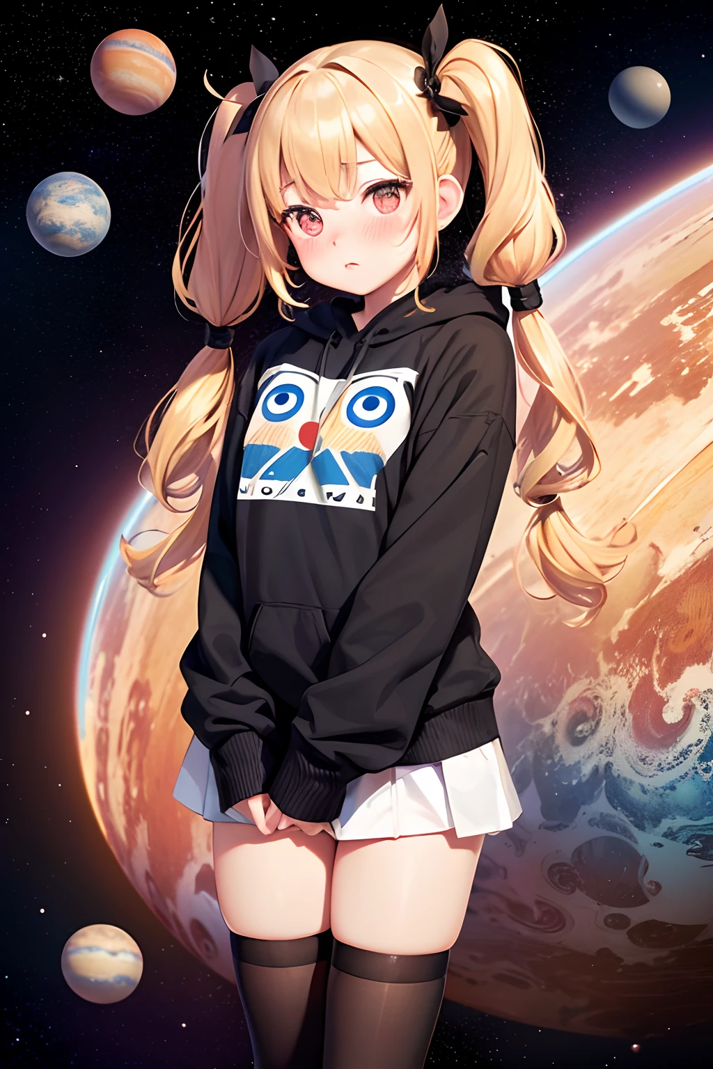 Space owl print, Against the background of planets and stars ,masutepiece, Highest Quality, NSFW, Colorful, 1girl in, Solo,(((Petite girl with blonde twin tails))),((())),((())),((())),(((red blush))),
