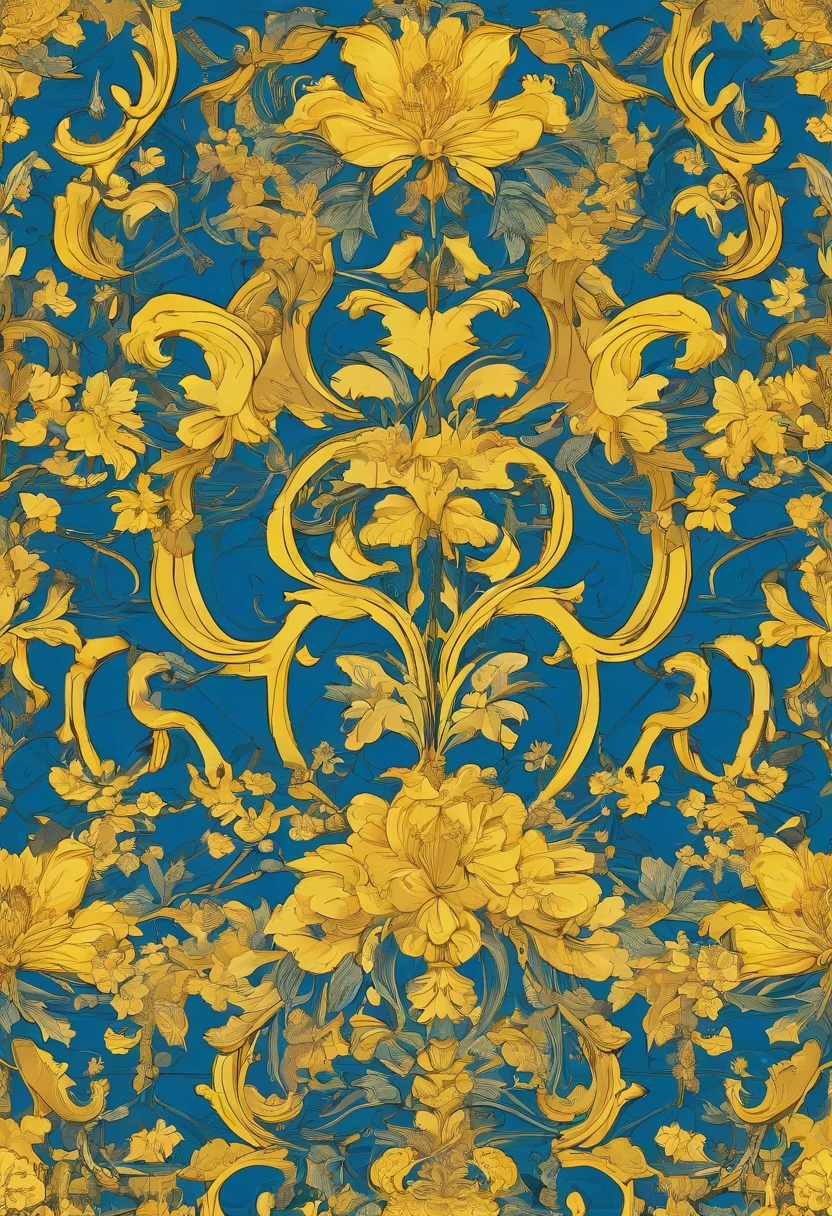 Motif de fleur ylang-ylang jaune avec des fleurs de jasmin sur un tissus bleu, motif ressemblant à un motif de vêtements indien mais original