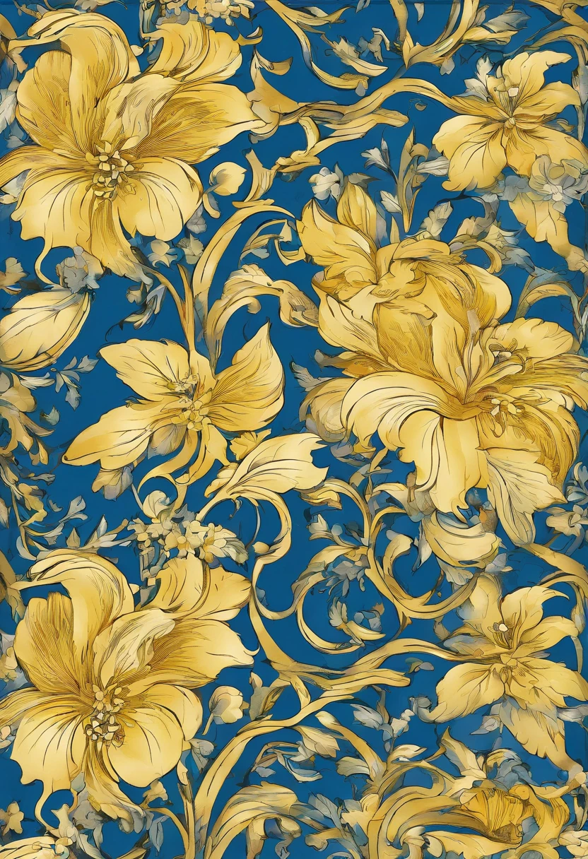 Motif de fleur ylang-ylang jaune avec des fleurs de jasmin sur un tissus bleu, motif ressemblant à un motif de vêtements indien mais original