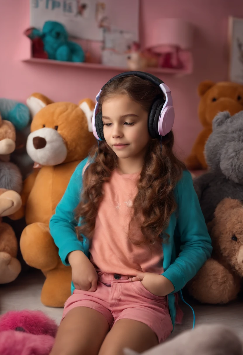 Criar imagem de uma bonita, 9 anos, cabelos castanhos cacheados, pele clara, camiseta rosa, shorts azul, with headphones in a one-bedroom setting with stuffed animals and coloring pencils.