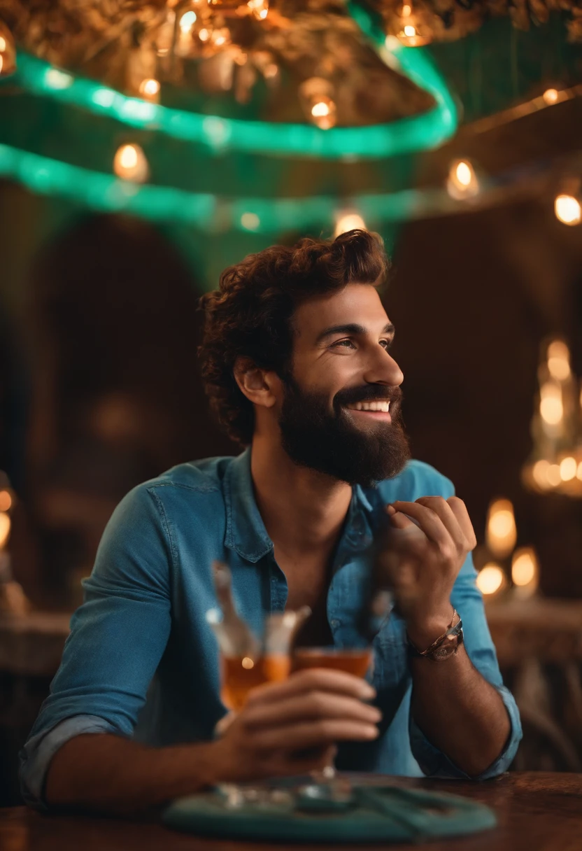 Pixar style. Jeune homme de 27 ans , portugais. Cheveux bruns, barbe, qui fume une shisha . Fan du FC Porto. Smiling and mysterious