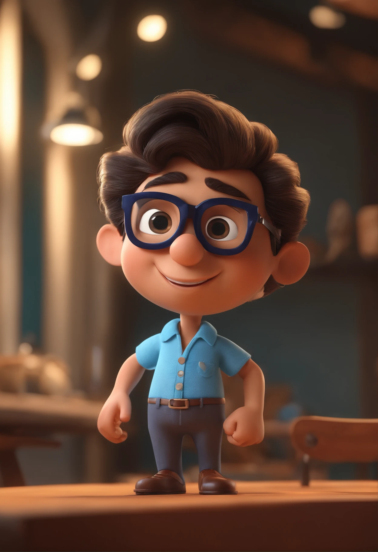 Cartoon character of a man with black glasses and a blue shirt, animation character, Caractere estilizado, animation style rendering, 3D estilizado, Arnold Maya render, 3 d render stylized, toon render keyshot, Personagem 3D, Personagem 3D, 3d rendering stylized, 3 d character render, personagem de desenho animado, Personagem de close up, Pose de personagem, (Estilo Pixar) (master part:1.2) (Bokeh) (best quality) (pele detalhada) (textura detalhada) (8k) (argila) (Cinematic lighting) (foco nítido
