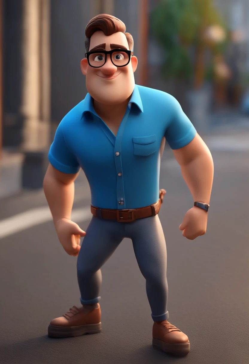 Cartoon character of a man wearing black glasses and a blue shirt, um personagem animado, Caractere estilizado, animation style rendering, 3D estilizado, Arnold Maya render, 3 d render stylized, toon render keyshot, Personagem 3D, Personagem 3D, 3d rendering stylized, 3 d character render, personagem de desenho animado, Personagem de close up, Pose de personagem, (Estilo Pixar) (master part:1.2) (Bokeh) (best quality) (pele detalhada) (textura detalhada) (8k) (argila) (Cinematic lighting) (foco nítido,Senta e vaza a parte superior do corpo